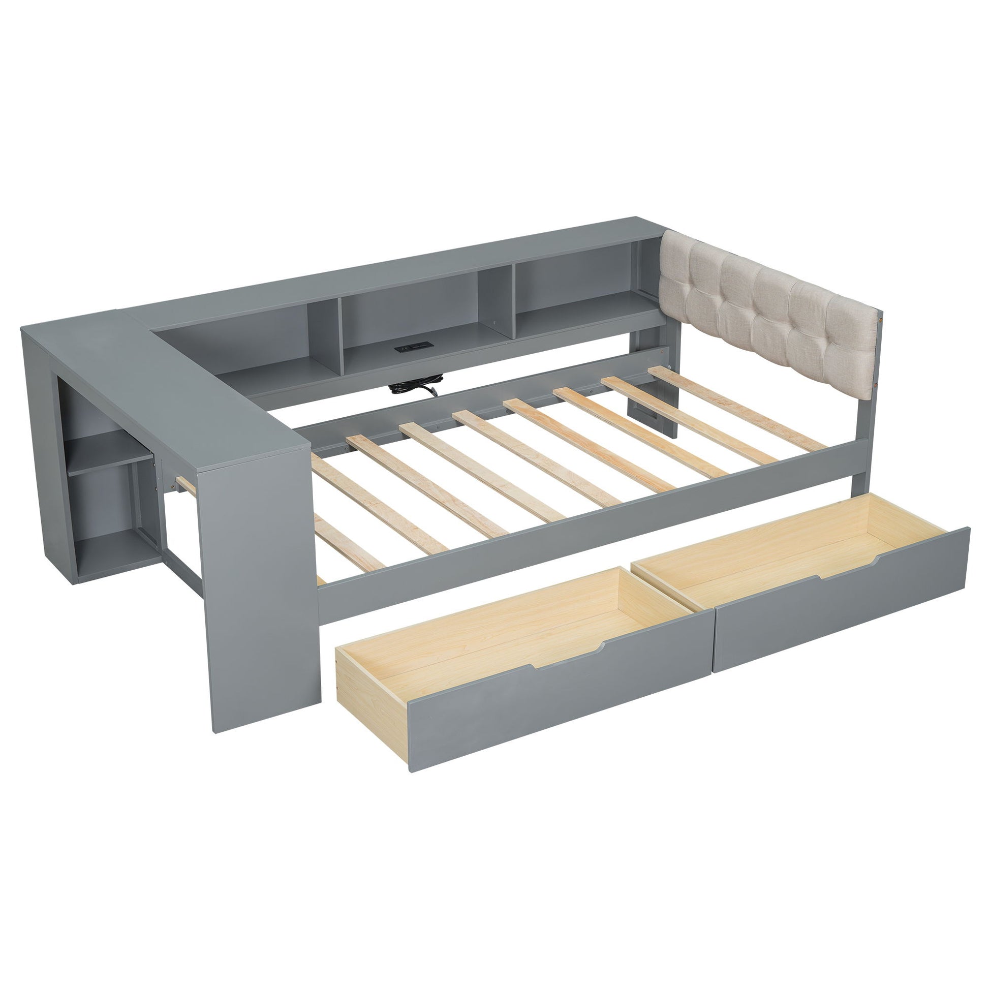 Upholstered Headboard Platform Bed With Storage Shelves, Drawers, Charging Station - The Sleep Loft - Online Mattress Showroom NYC