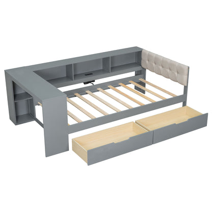 Upholstered Headboard Platform Bed With Storage Shelves, Drawers, Charging Station - The Sleep Loft - Online Mattress Showroom NYC