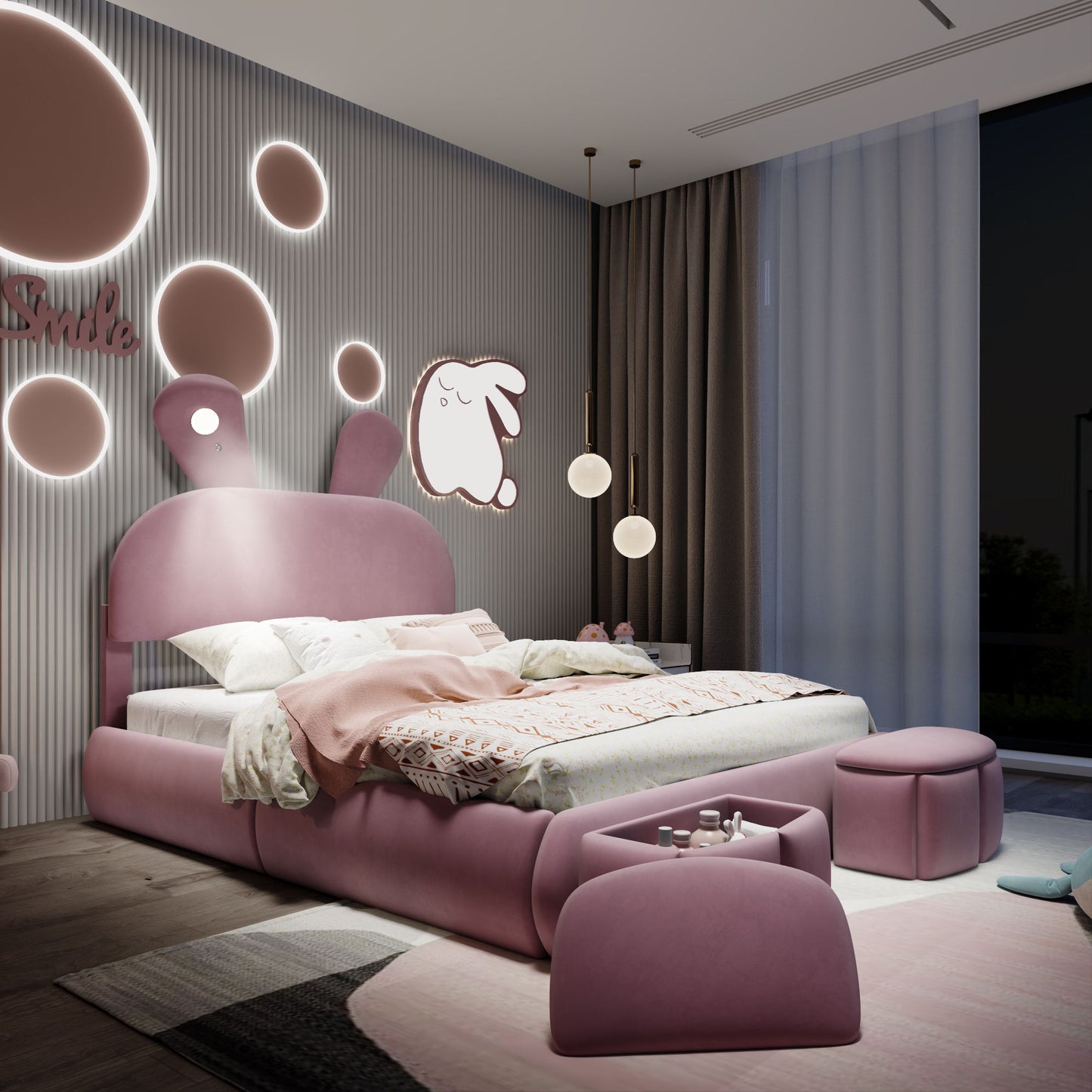 Full Upholstered Platform Bed With Cartoon Ears Headboard And LED Light - Pink - The Sleep Loft - Online Mattress Showroom NYC