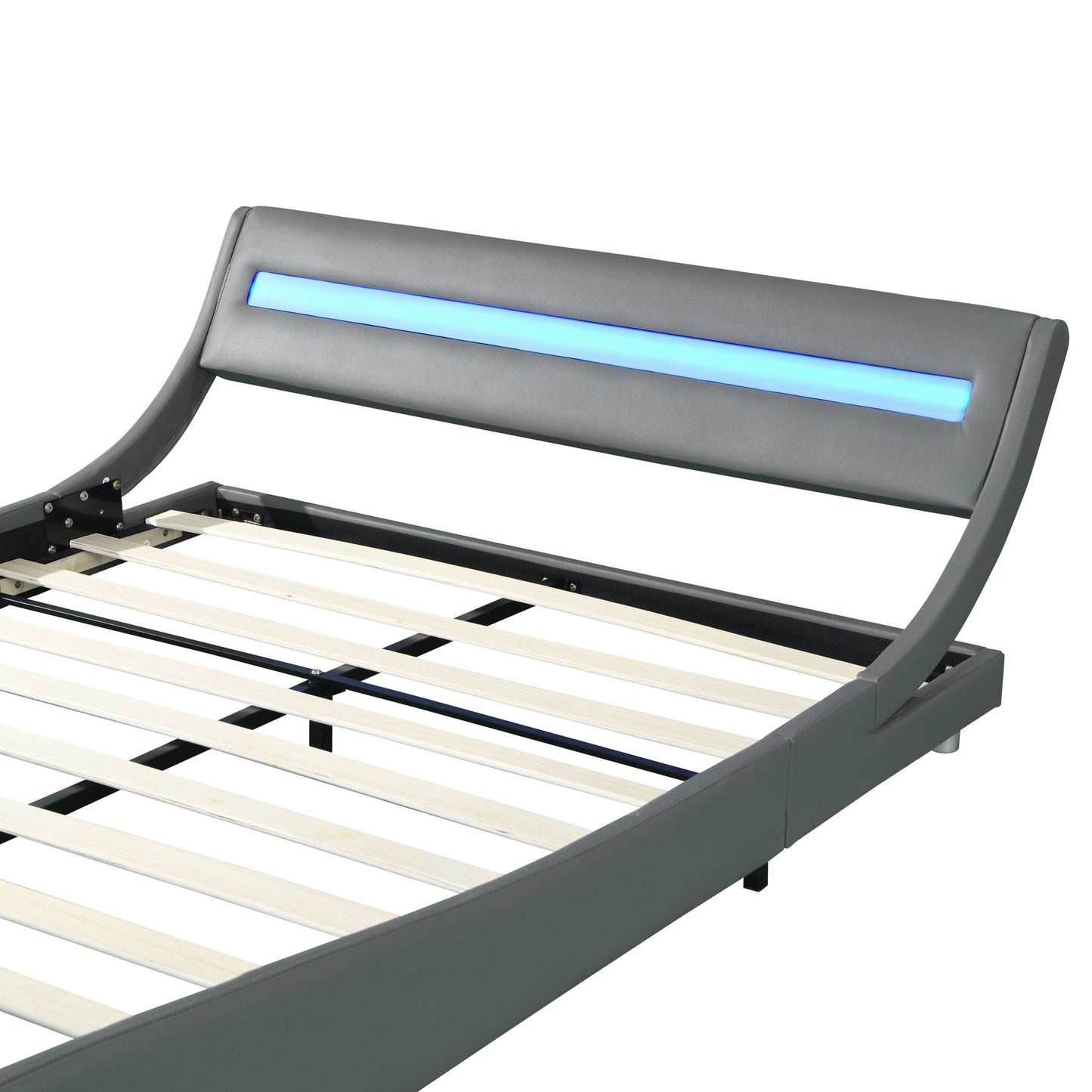 Queen Size Upholstered Platform Bed Frame With LED Lighting, Curve Design, Wood Slat Support, No Box Spring Needed - Gray - The Sleep Loft - Online Mattress Showroom NYC
