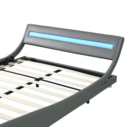 Queen Size Upholstered Platform Bed Frame With LED Lighting, Curve Design, Wood Slat Support, No Box Spring Needed - Gray - The Sleep Loft - Online Mattress Showroom NYC