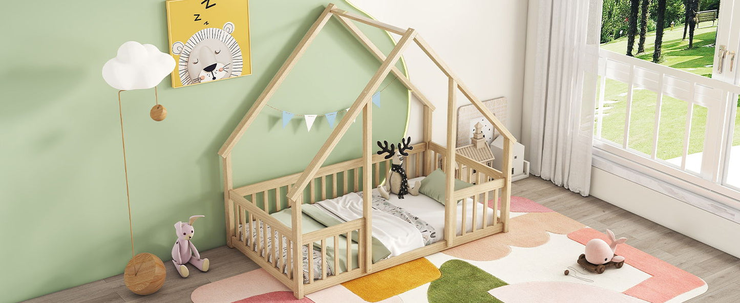 Wood House-Shaped Floor Bed With Fence, Guardrails - The Sleep Loft - Online Mattress Showroom NYC