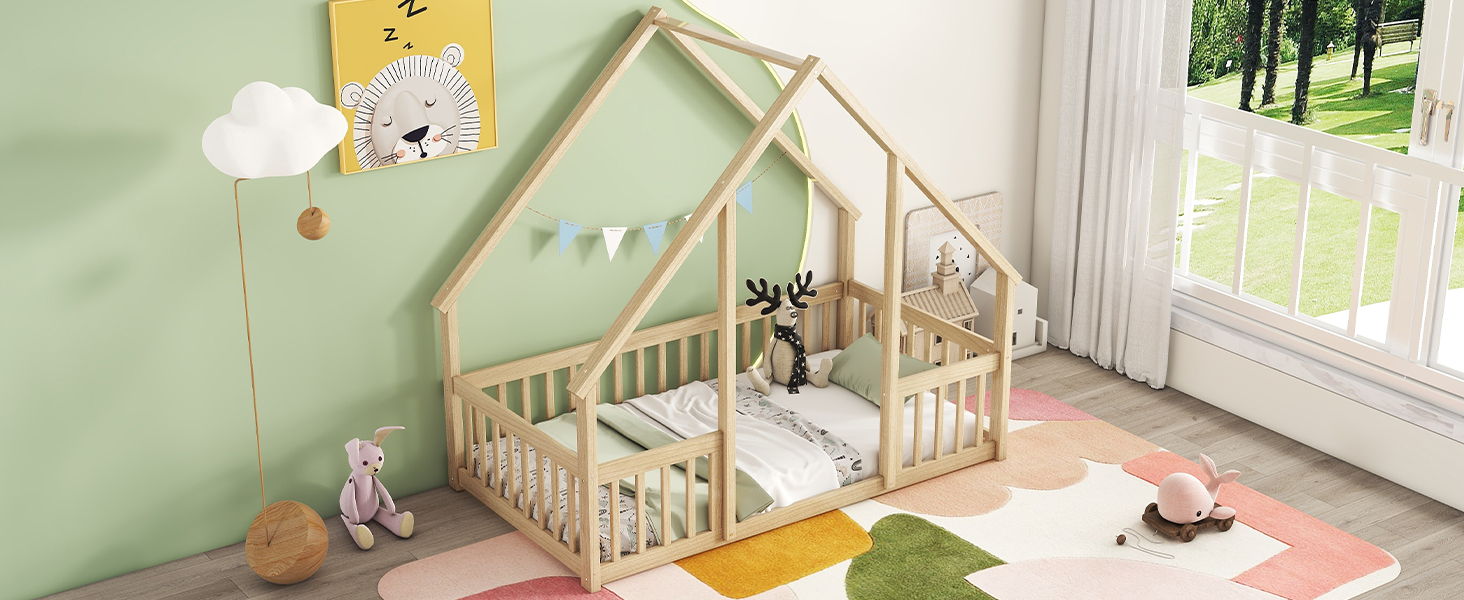 Wood House-Shaped Floor Bed With Fence, Guardrails - The Sleep Loft - Online Mattress Showroom NYC
