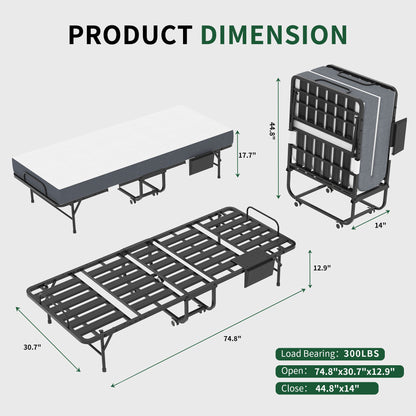 Twin Folding Bed With Memory Foam Mattress, On Wheels, Portable Bed For Adults & Guests - Black - The Sleep Loft - Online Mattress Showroom NYC