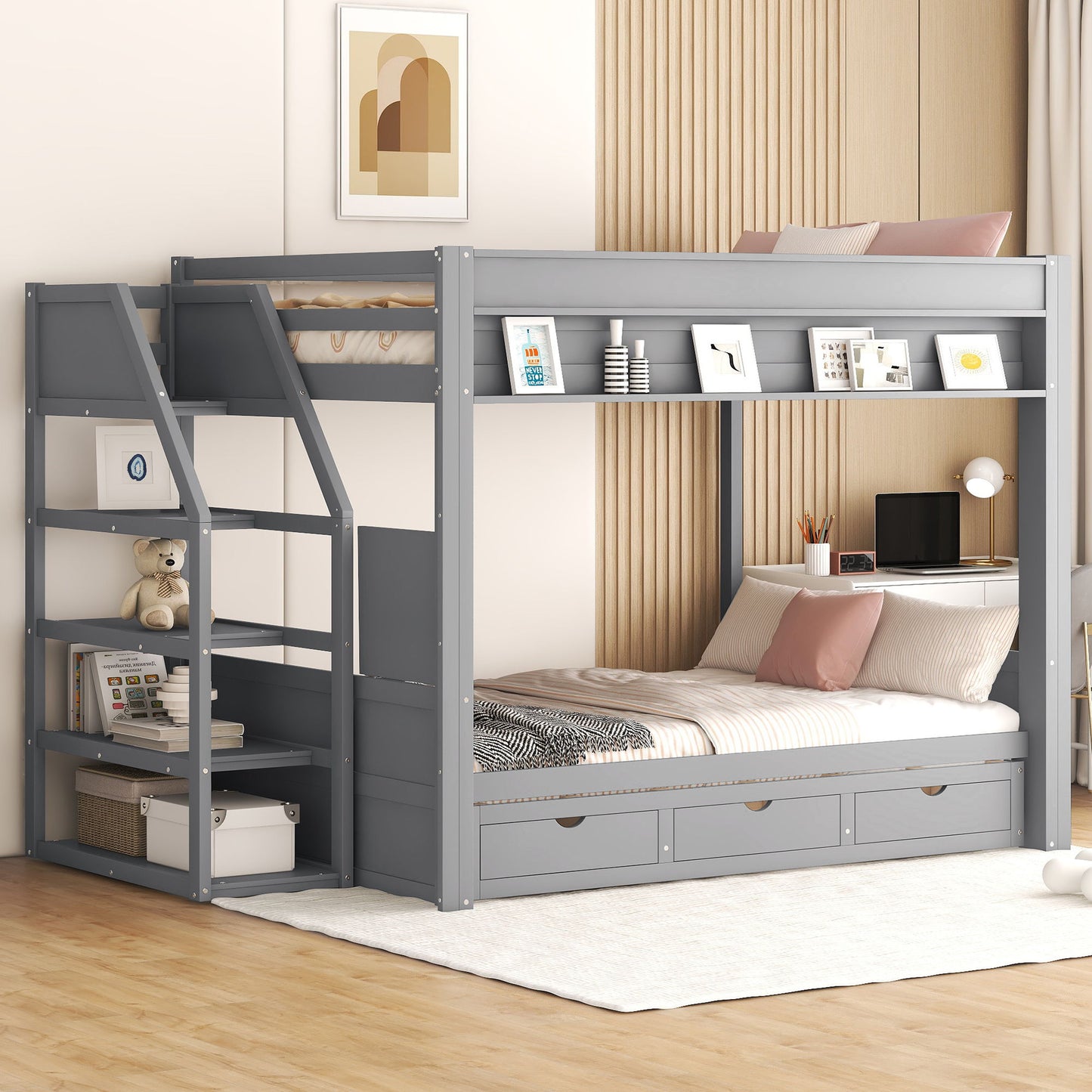 Wood Full Size Convertible Bunk Bed With Storage Staircase, Bedside Table, And 3 Drawers - Gray - The Sleep Loft - Online Mattress Showroom NYC