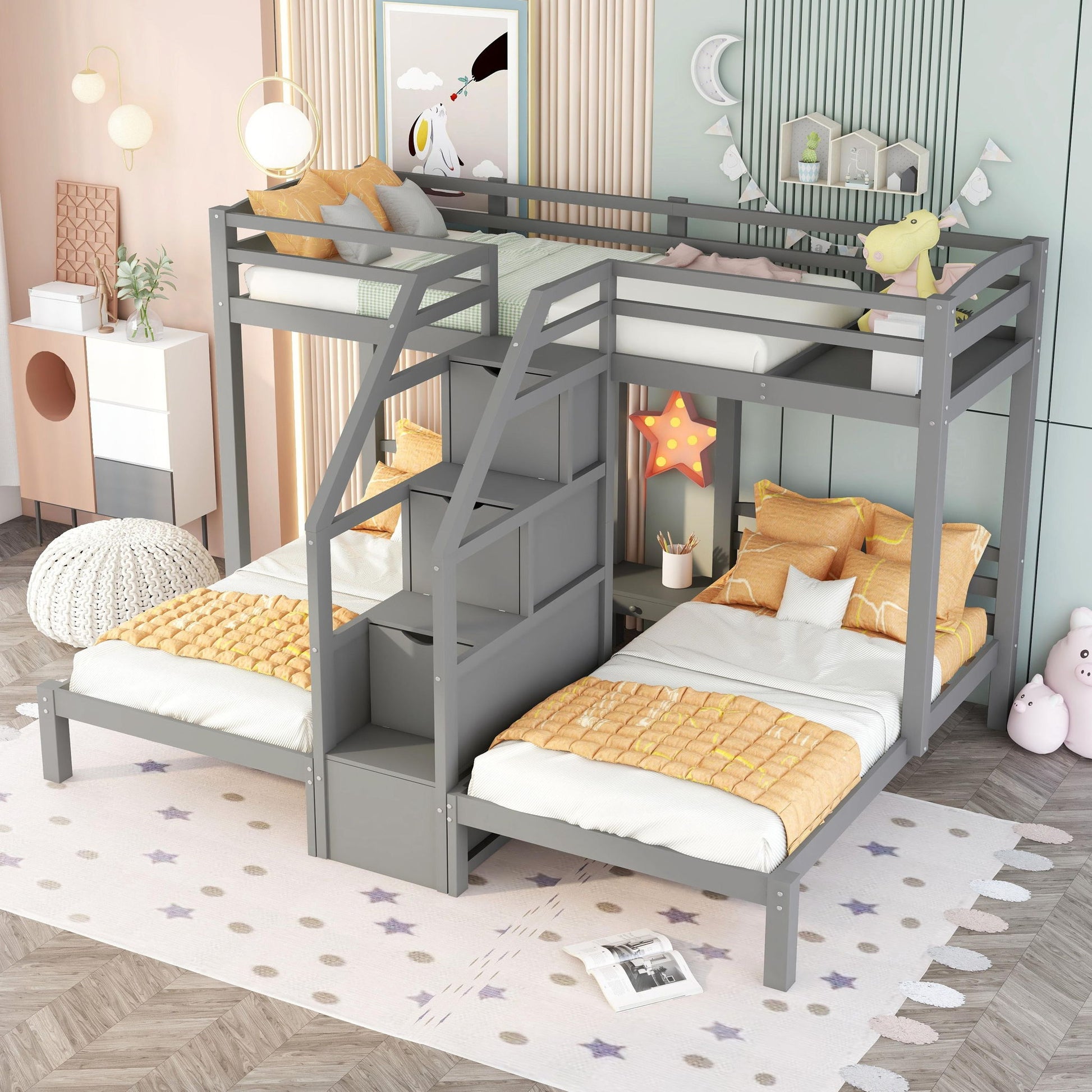 Twin Over Twin & Twin Bunk Bed With Built In Staircase And Storage Drawer - Gray - The Sleep Loft - Online Mattress Showroom NYC