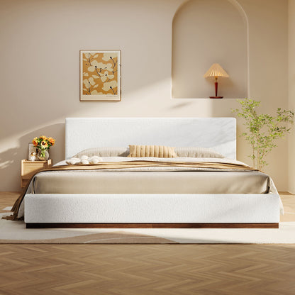 Elegant Boucle Upholstered Bed With Wood Grain Textured Solid Wood Base Frame - The Sleep Loft - Online Mattress Showroom NYC