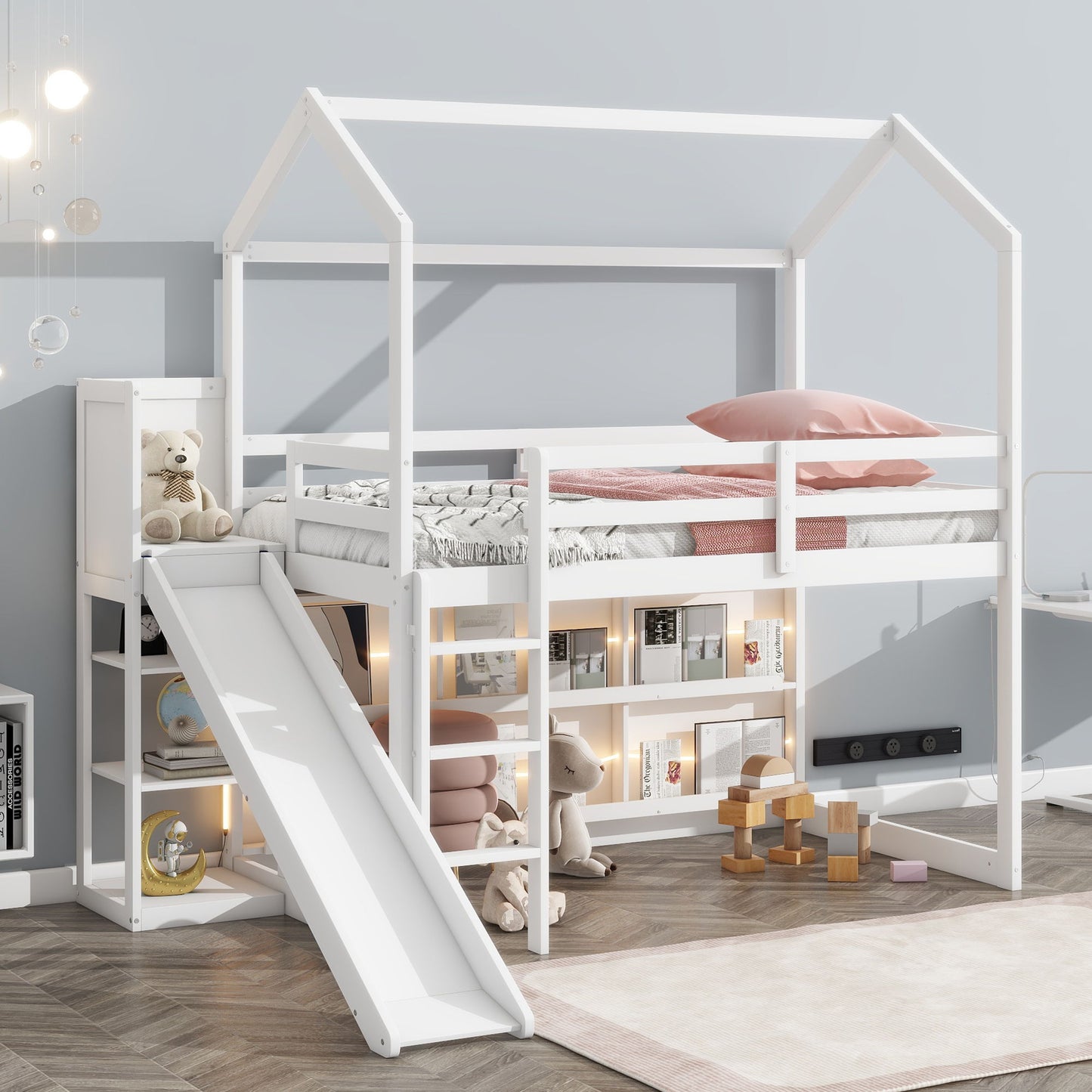 House Loft Bed With Slide, Storage Shelves And Light, Climbing Ramp - The Sleep Loft - Online Mattress Showroom NYC