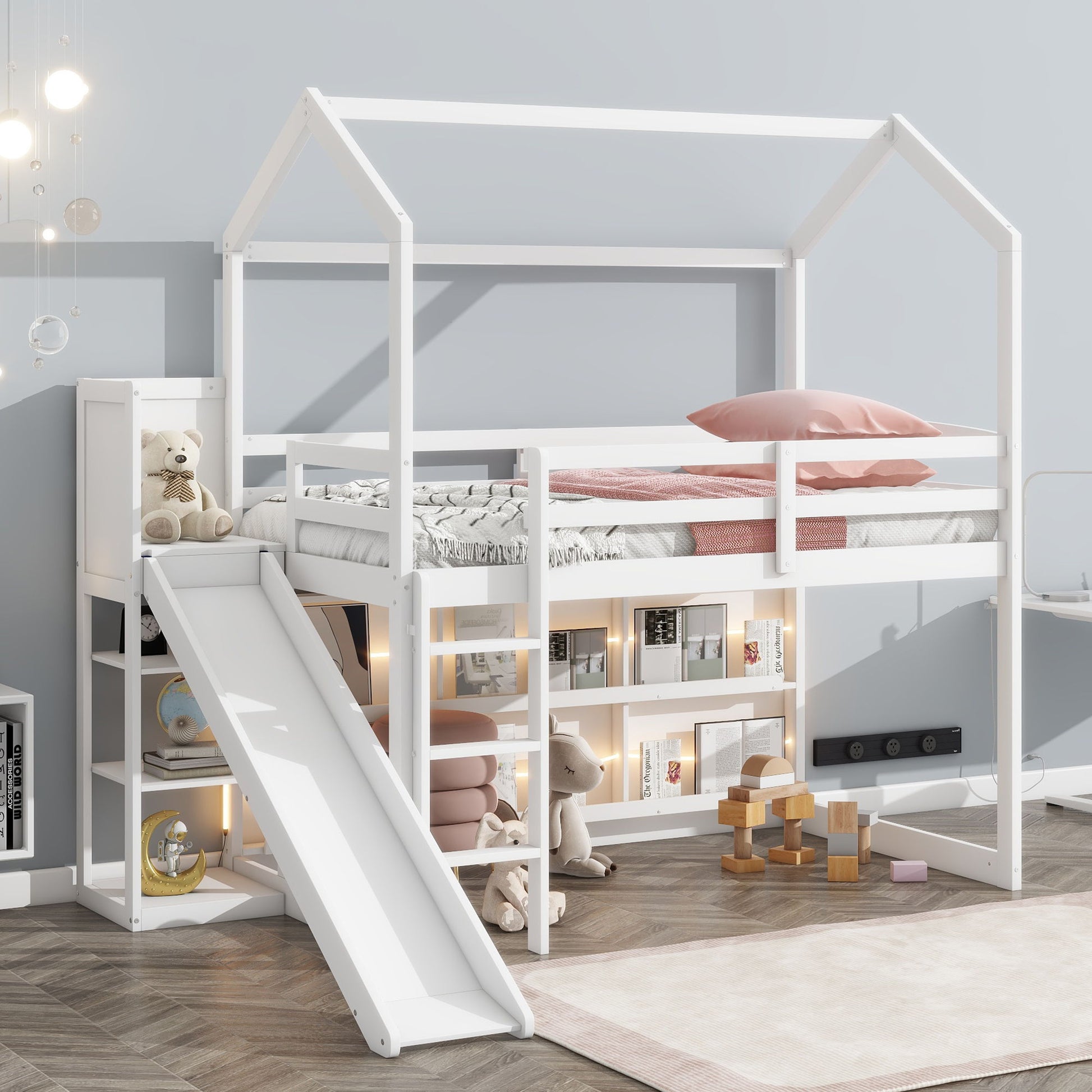 House Loft Bed With Slide, Storage Shelves And Light, Climbing Ramp - The Sleep Loft - Online Mattress Showroom NYC