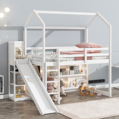 House Loft Bed With Slide, Storage Shelves And Light, Climbing Ramp - The Sleep Loft - Online Mattress Showroom NYC