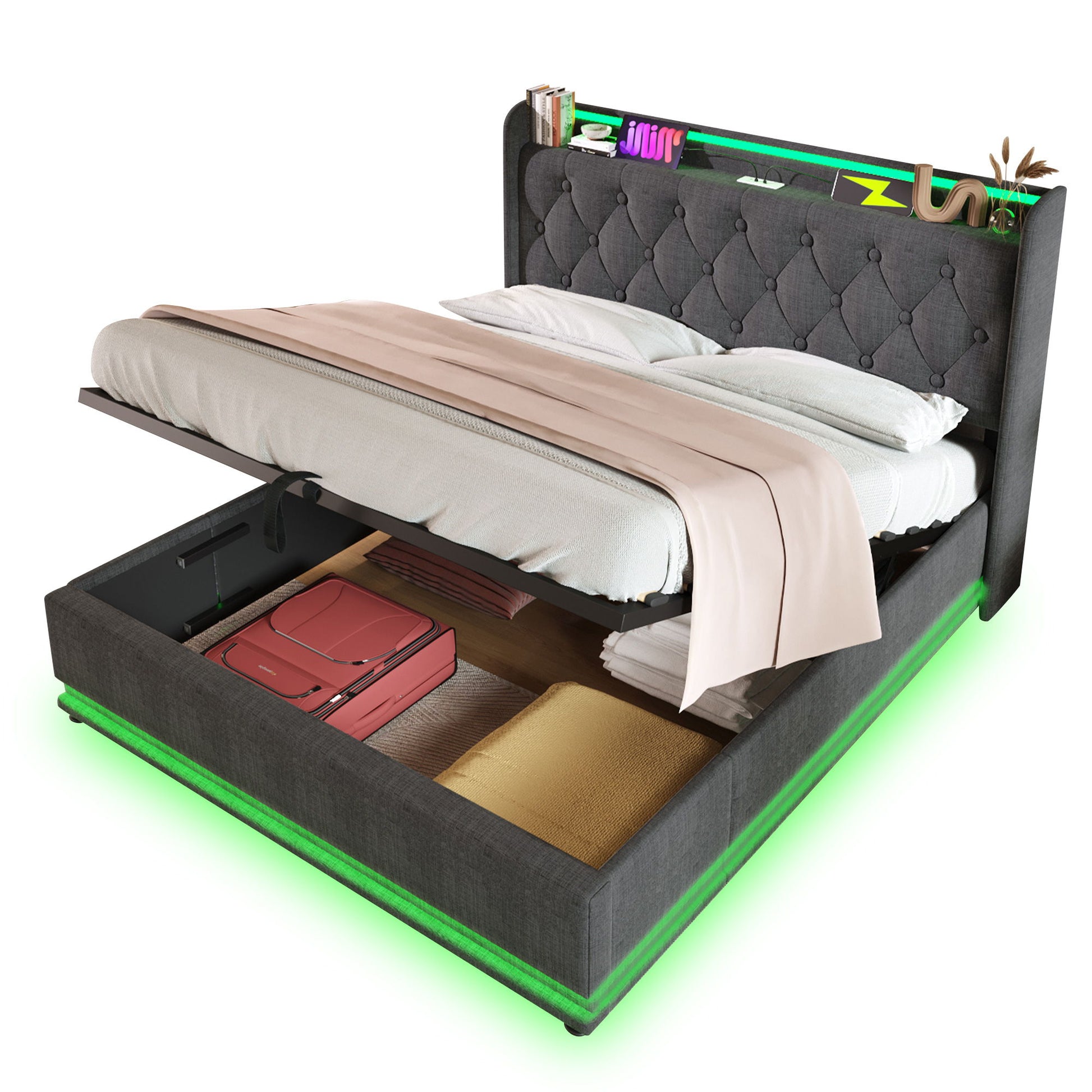 Upholstered Bed, 360 Surround LED Function, Remote Control, Hydraulic Storage Bed With USB, Type-C Charging (Without Mattress) - The Sleep Loft - Online Mattress Showroom NYC