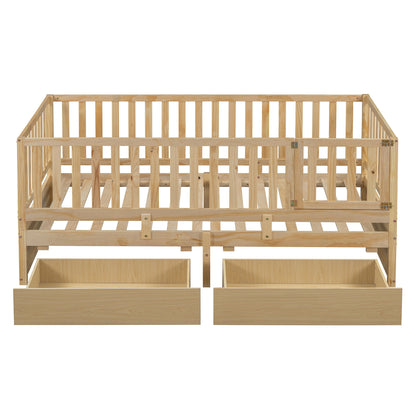 Daybed With Fence Guardrails And 2 Drawers, Split Into Independent Floor Bed & Daybed - The Sleep Loft - Online Mattress Showroom NYC