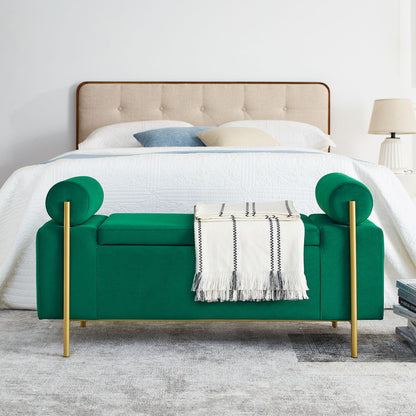 Elegant Upholstered Storage Bench With Cylindrical Arms And Iron Legs, - The Sleep Loft - Online Mattress Showroom NYC