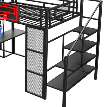 Loft Bed With Built In Desk, Open Wardrobe, Basketball Hoop, Slide And Staircase - The Sleep Loft - Online Mattress Showroom NYC