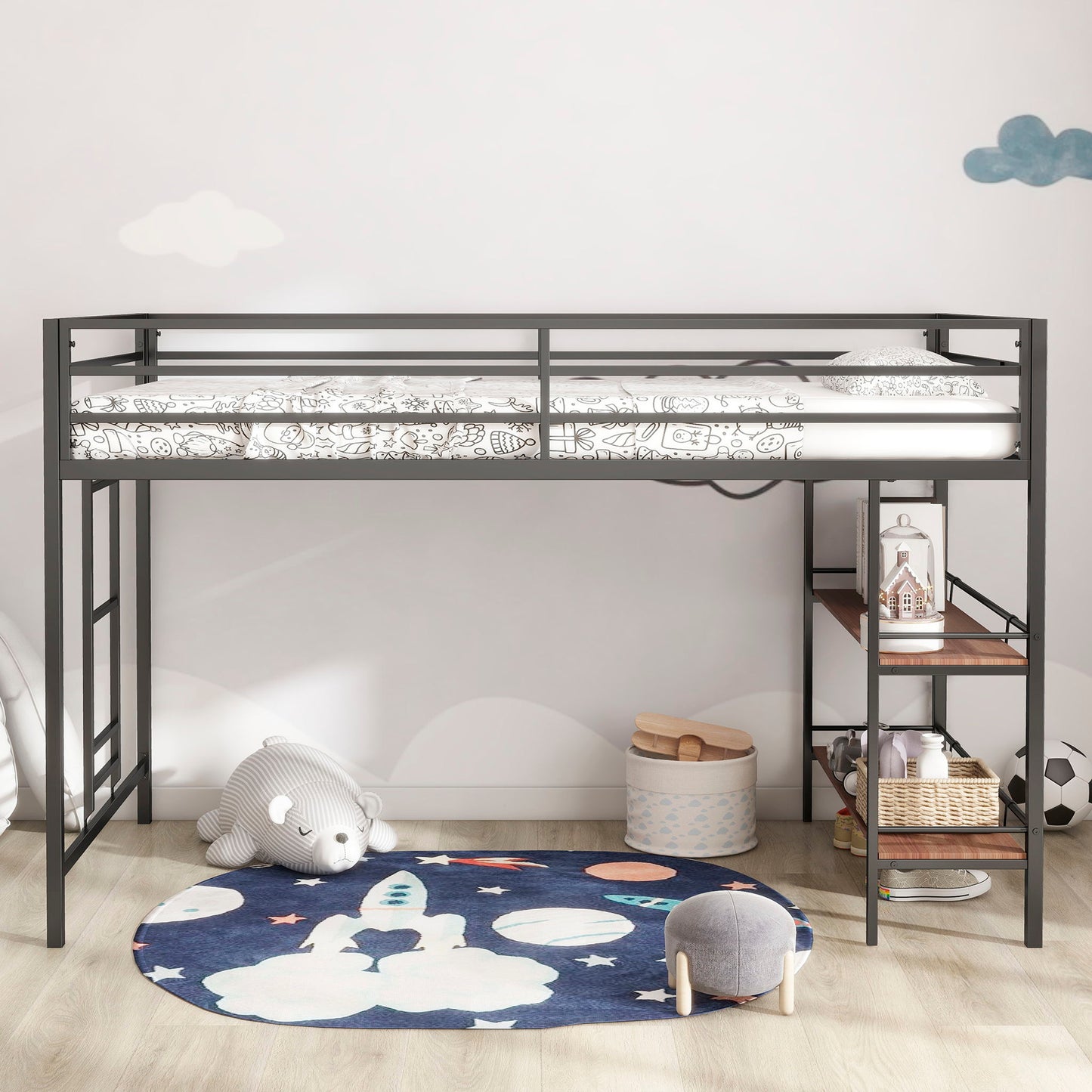 Adam - Twin Loft Bunk Bed With Cinnamon Wood Shelf - Black - The Sleep Loft - Online Mattress Showroom NYC
