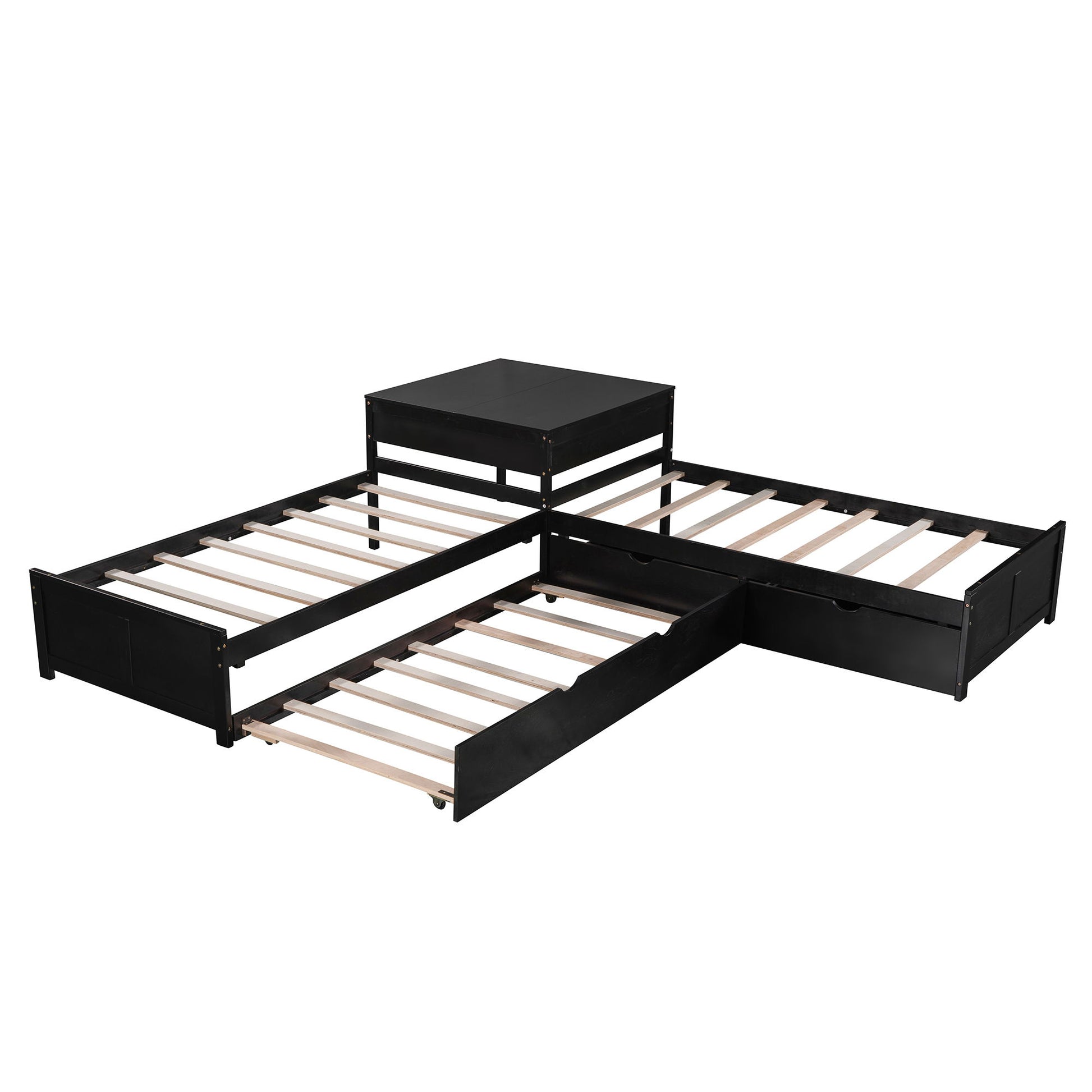 L Shaped Platform Bed With Trundle And Drawers Linked With Built In Desk - The Sleep Loft - Online Mattress Showroom NYC