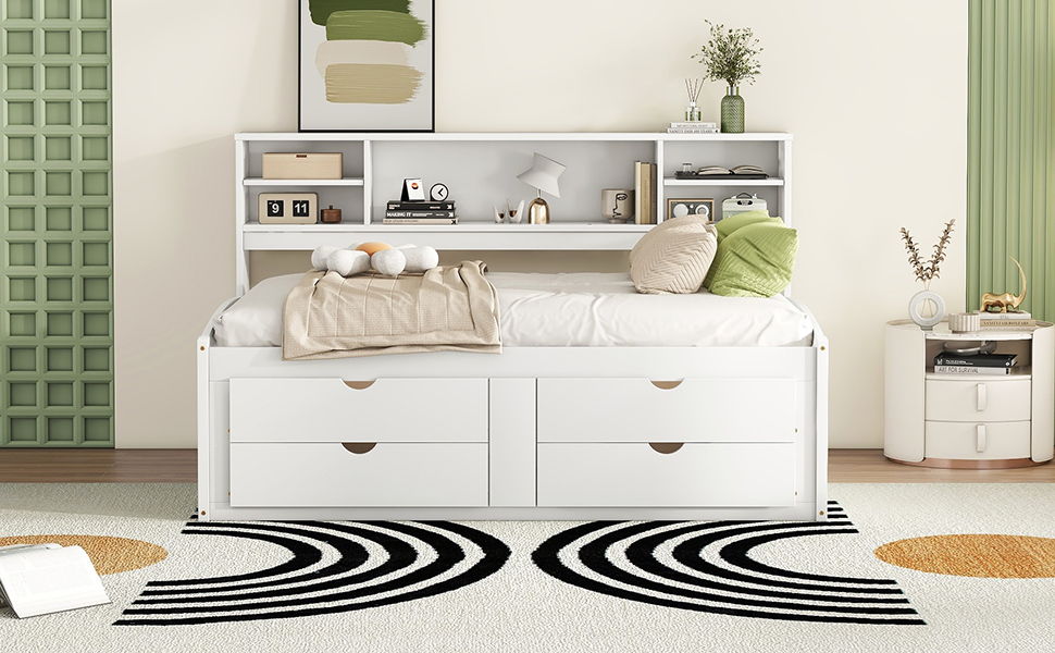 Daybed With 2 Bedside Cabinets, Upper Shelves And 4 Drawers - The Sleep Loft - Online Mattress Showroom NYC