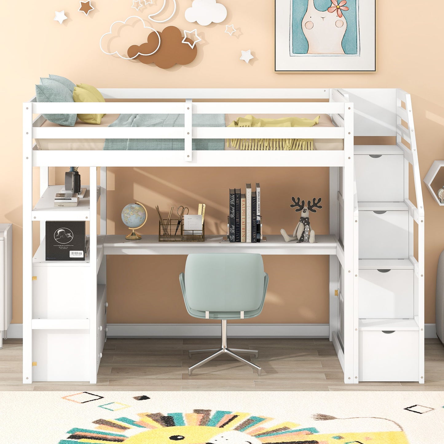 Loft Bed With Desk, Shelves, 2 Drawers, Storage Staircase - The Sleep Loft - Online Mattress Showroom NYC