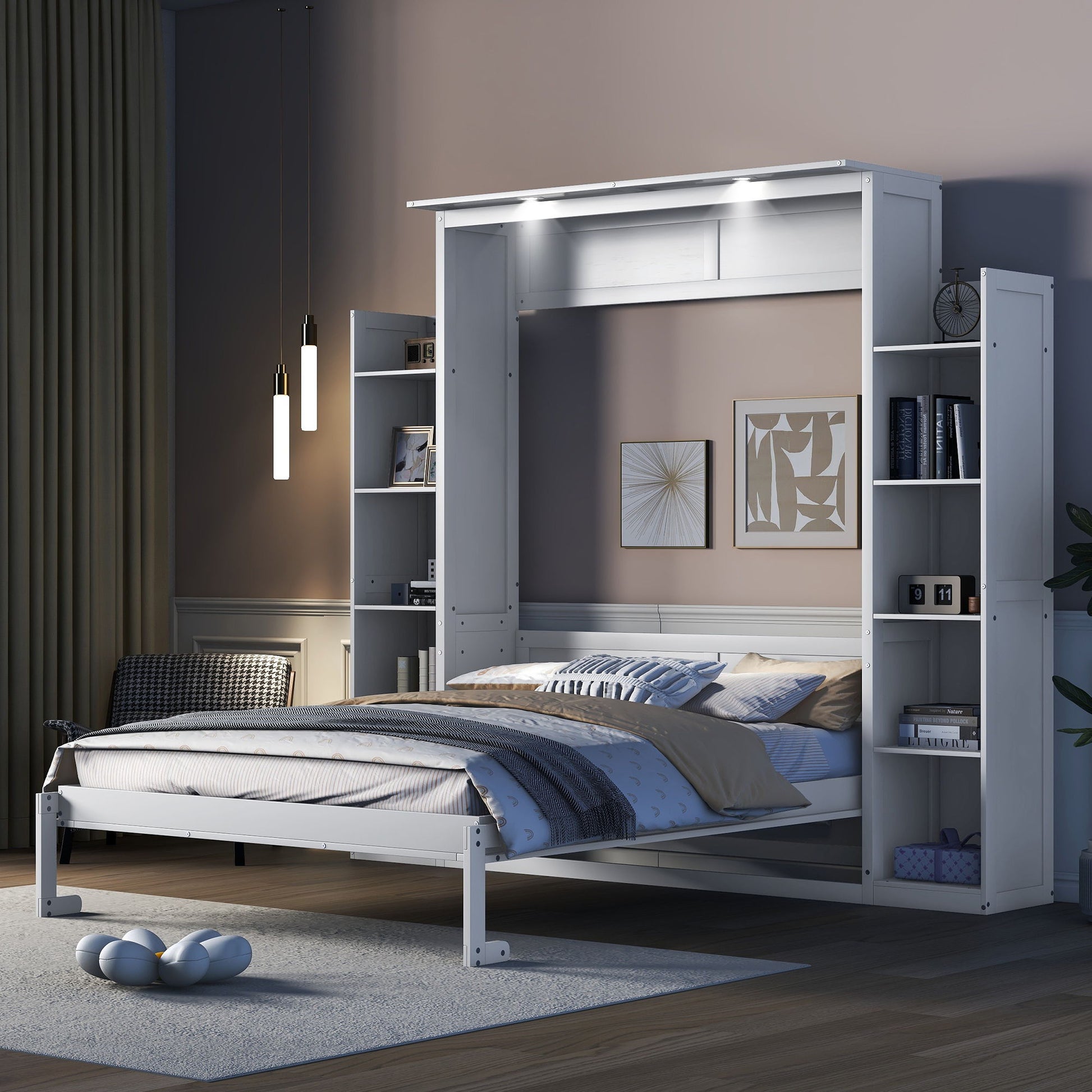 Wall Murphy Bed With Shelves And LED Lights - The Sleep Loft - Online Mattress Showroom NYC