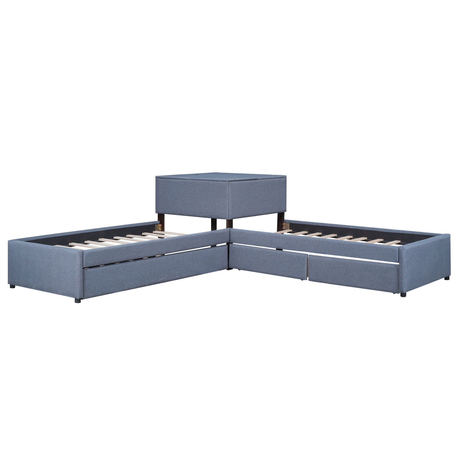 L Shaped Upholstered Platform Bed With Trundle And 2 Drawers Linked With Built In Desk - The Sleep Loft - Online Mattress Showroom NYC