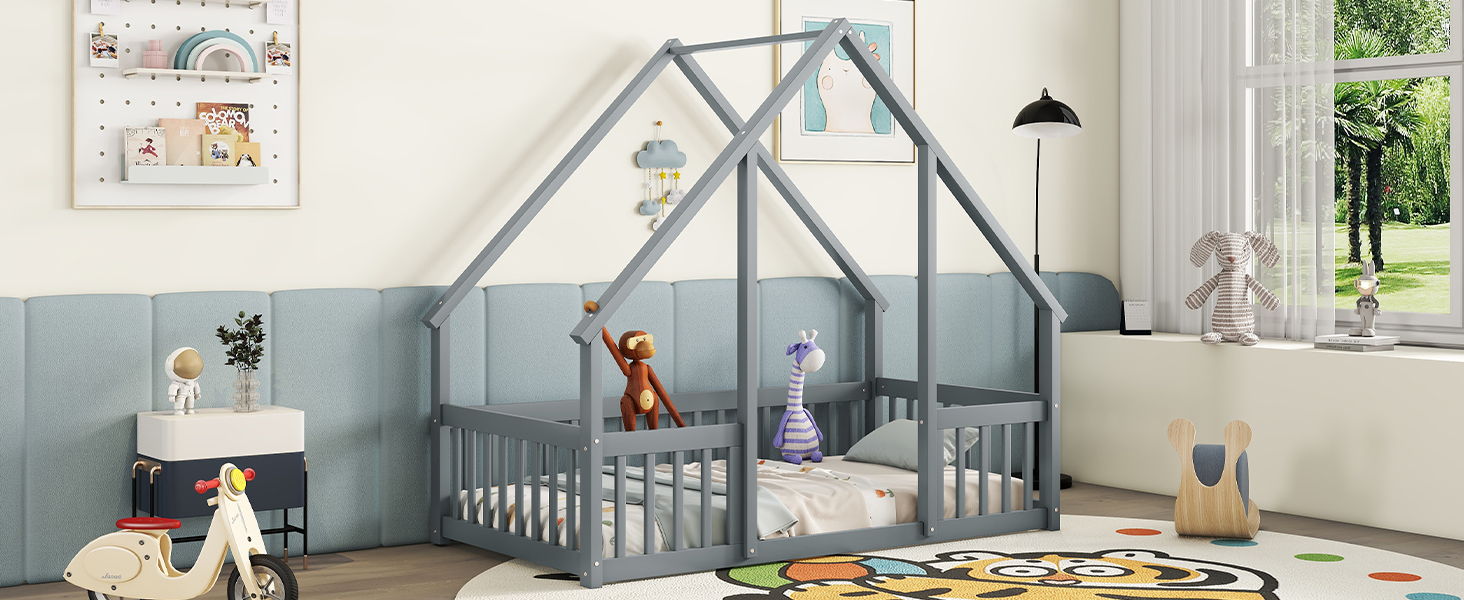 Wood House-Shaped Floor Bed With Fence, Guardrails - The Sleep Loft - Online Mattress Showroom NYC