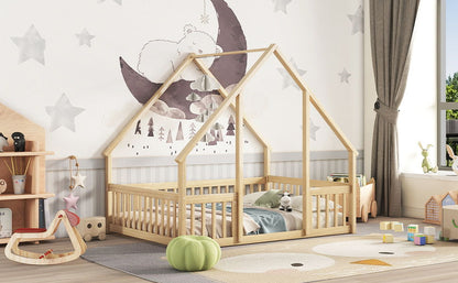 Wood House-Shaped Floor Bed With Fence, Guardrails - The Sleep Loft - Online Mattress Showroom NYC