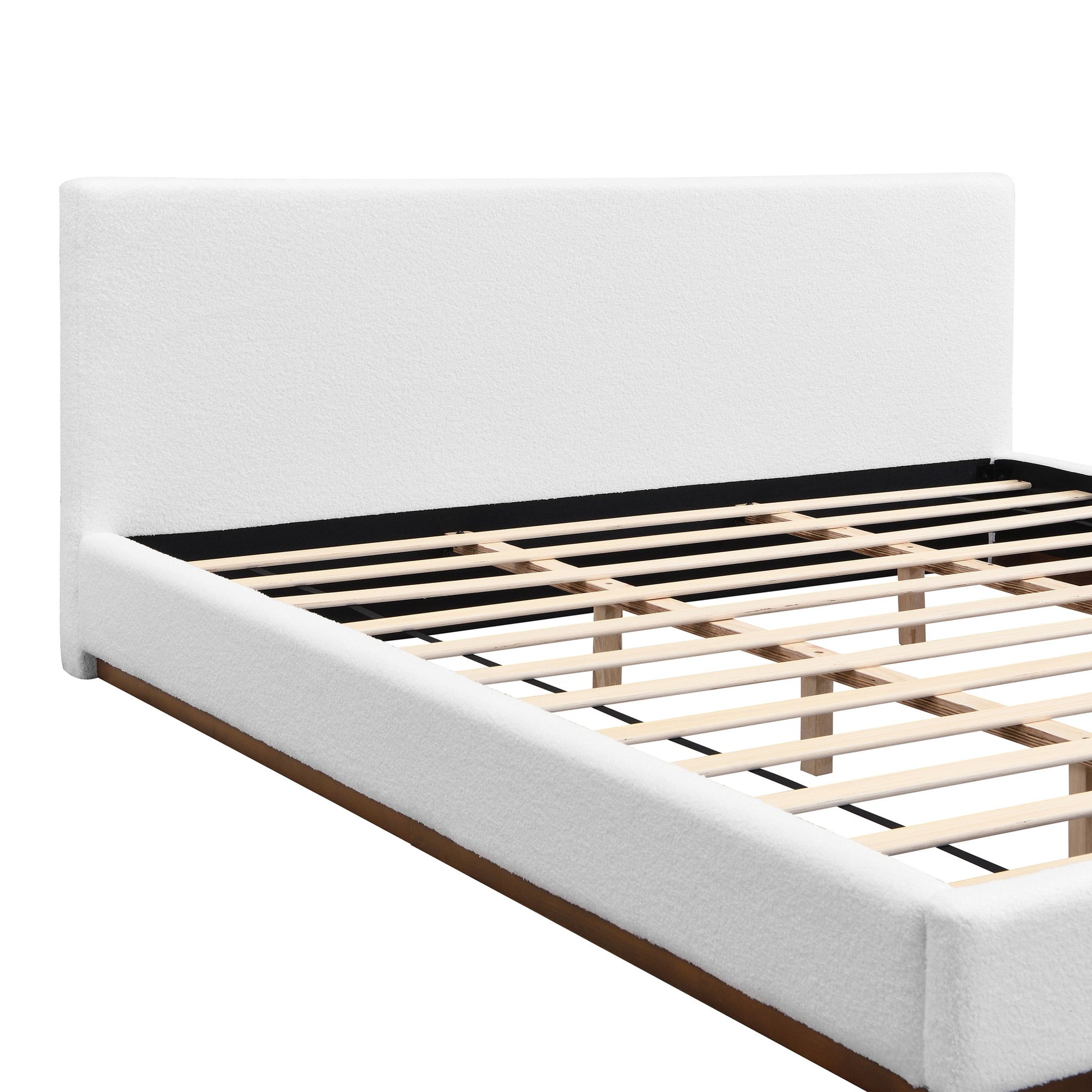 Elegant Boucle Upholstered Bed With Wood Grain Textured Solid Wood Base Frame - The Sleep Loft - Online Mattress Showroom NYC