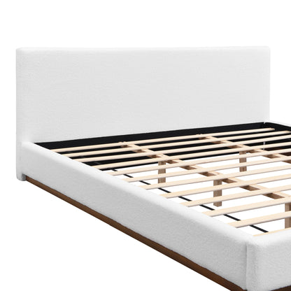 Elegant Boucle Upholstered Bed With Wood Grain Textured Solid Wood Base Frame - The Sleep Loft - Online Mattress Showroom NYC