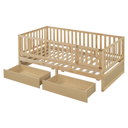 Daybed With Fence Guardrails And 2 Drawers, Split Into Independent Floor Bed & Daybed - The Sleep Loft - Online Mattress Showroom NYC