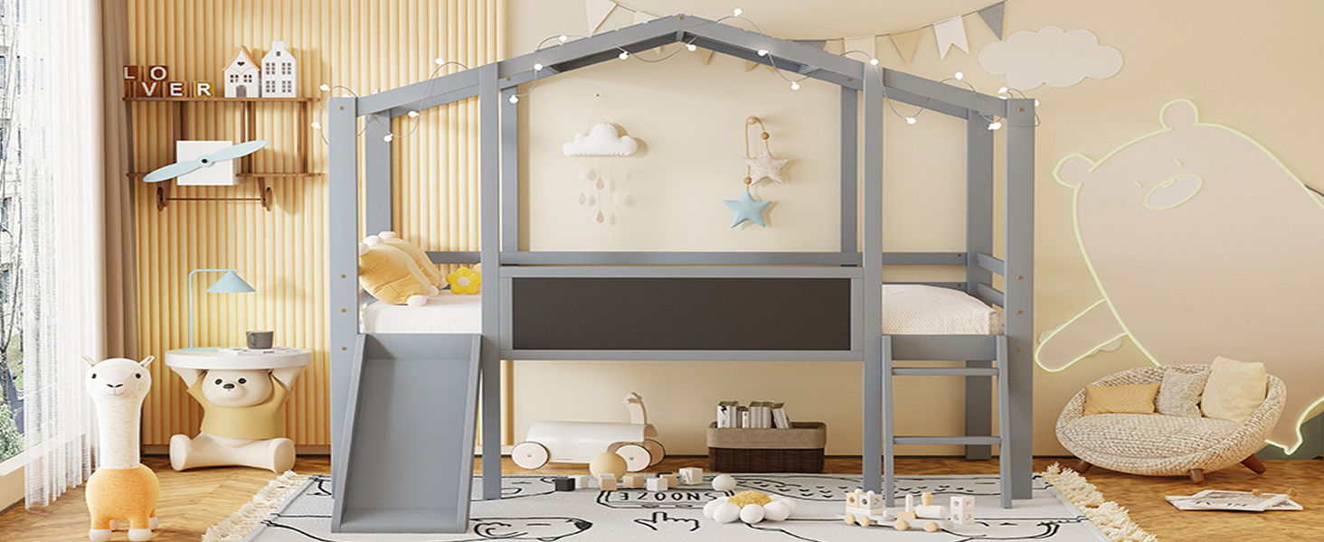 Loft House Bed With Ladder And Slide, With board And Light Strip On The Roof - The Sleep Loft - Online Mattress Showroom NYC