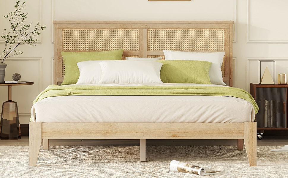 Queen Size Rubber Wooden, Solid Wooden Bed With Rattan Headboard, Enhanced By Support Feet - Natural - The Sleep Loft - Online Mattress Showroom NYC