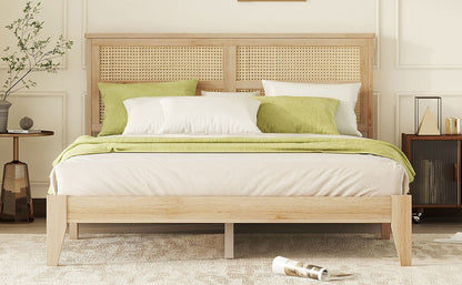 Queen Size Rubber Wooden, Solid Wooden Bed With Rattan Headboard, Enhanced By Support Feet - Natural - The Sleep Loft - Online Mattress Showroom NYC