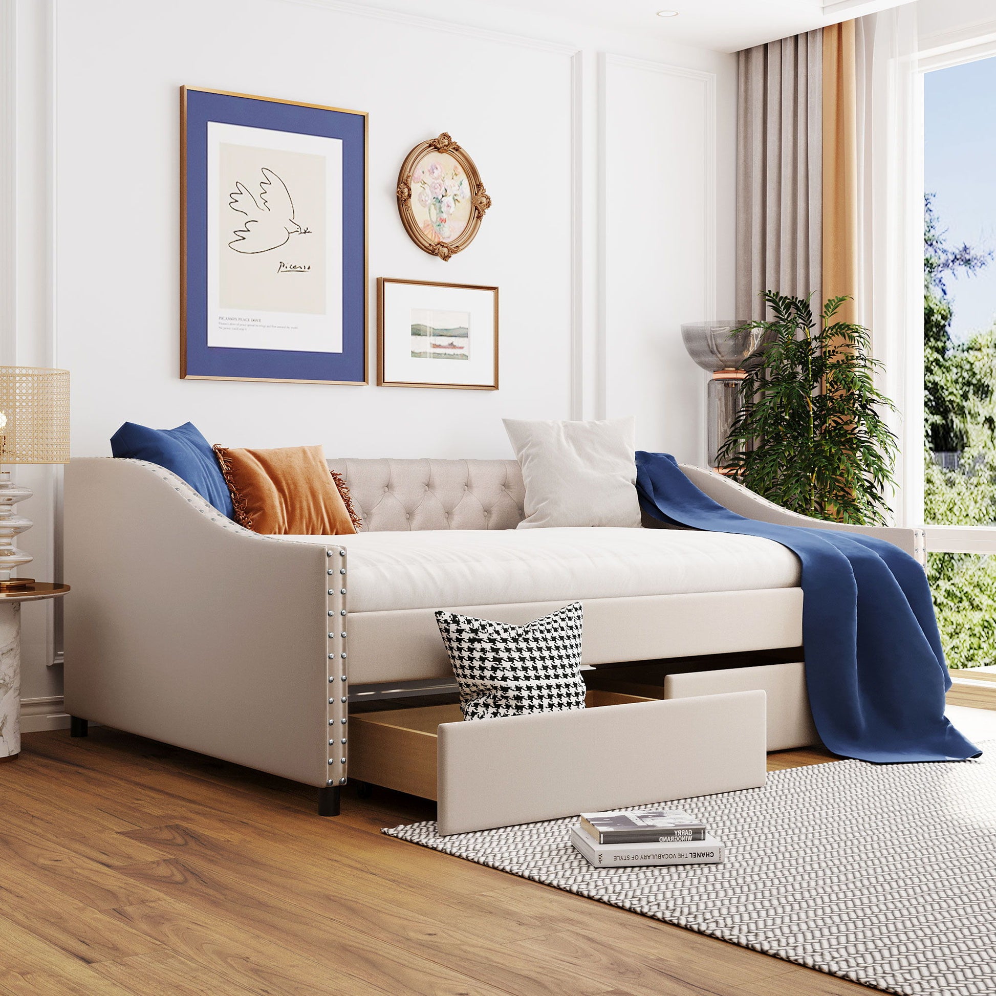 Upholstered Daybed With Two Drawers, Wood Slat Support - The Sleep Loft - Online Mattress Showroom NYC
