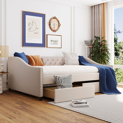 Upholstered Daybed With Two Drawers, Wood Slat Support - The Sleep Loft - Online Mattress Showroom NYC