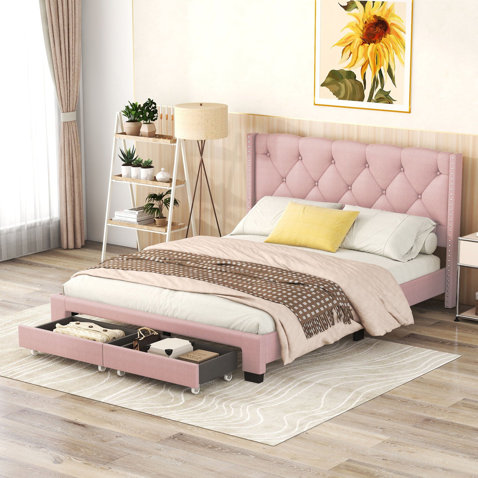 Queen Size Storage Bed Linen Upholstered Platform Bed & Two Drawers - Pink - The Sleep Loft - Online Mattress Showroom NYC