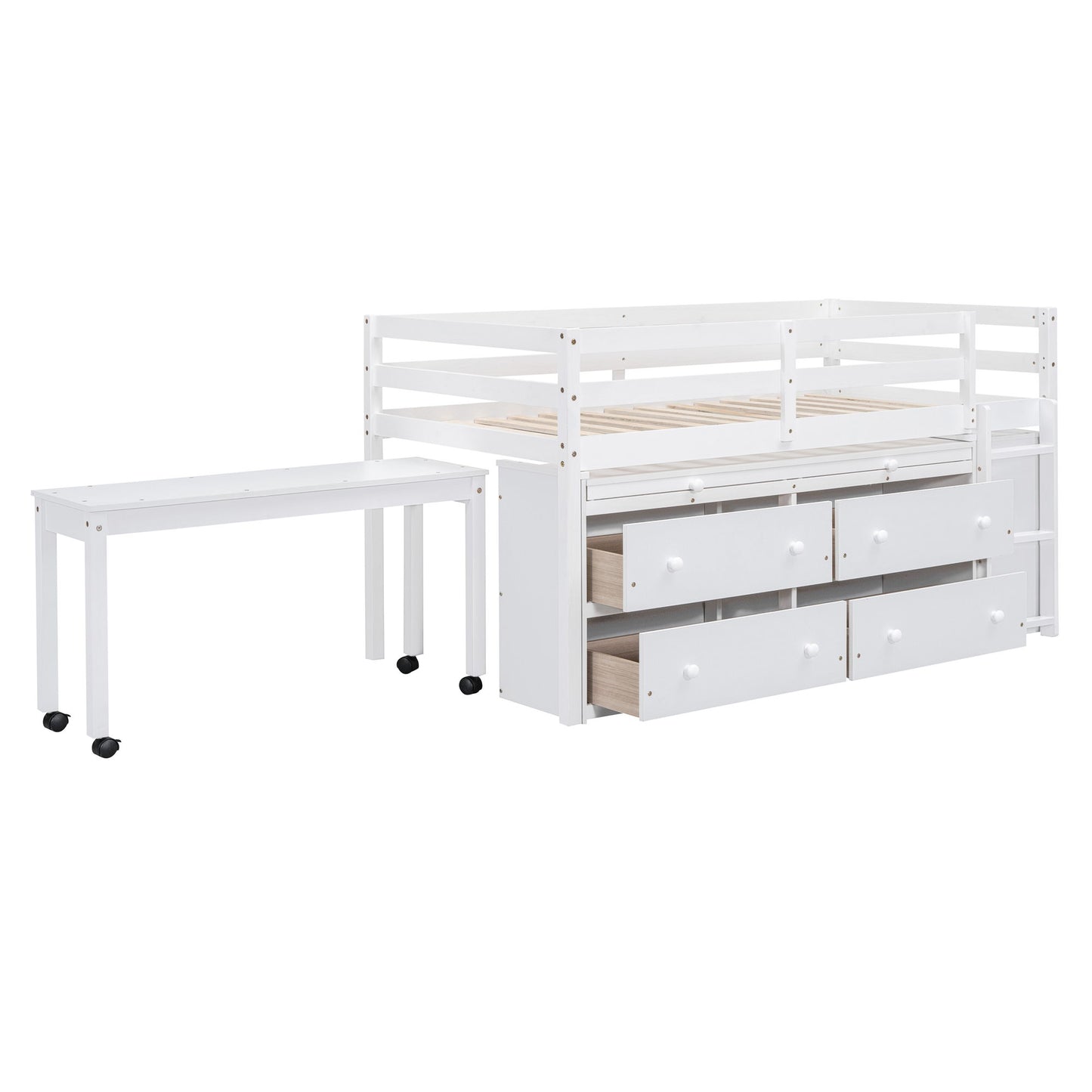 Loft Bed With Retractable Writing Desk And 4 Drawers, With Lateral Portable Desk And Shelves - The Sleep Loft - Online Mattress Showroom NYC