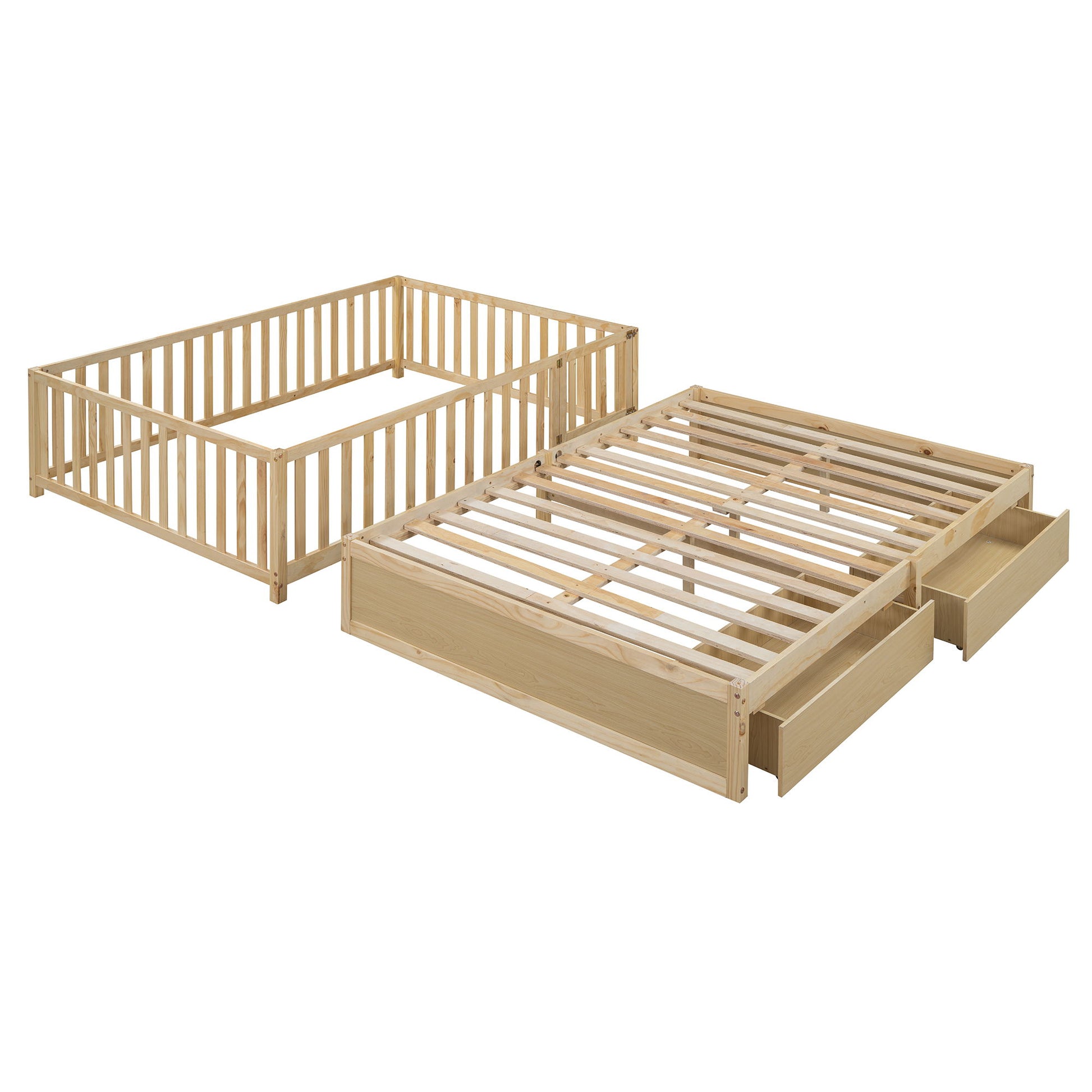Daybed With Fence Guardrails And 2 Drawers, Split Into Independent Floor Bed & Daybed - The Sleep Loft - Online Mattress Showroom NYC