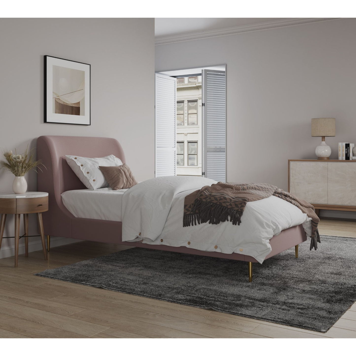 Mid-Century Modern Upholstered Bed With Curved Headboard - The Sleep Loft - Online Mattress Showroom NYC