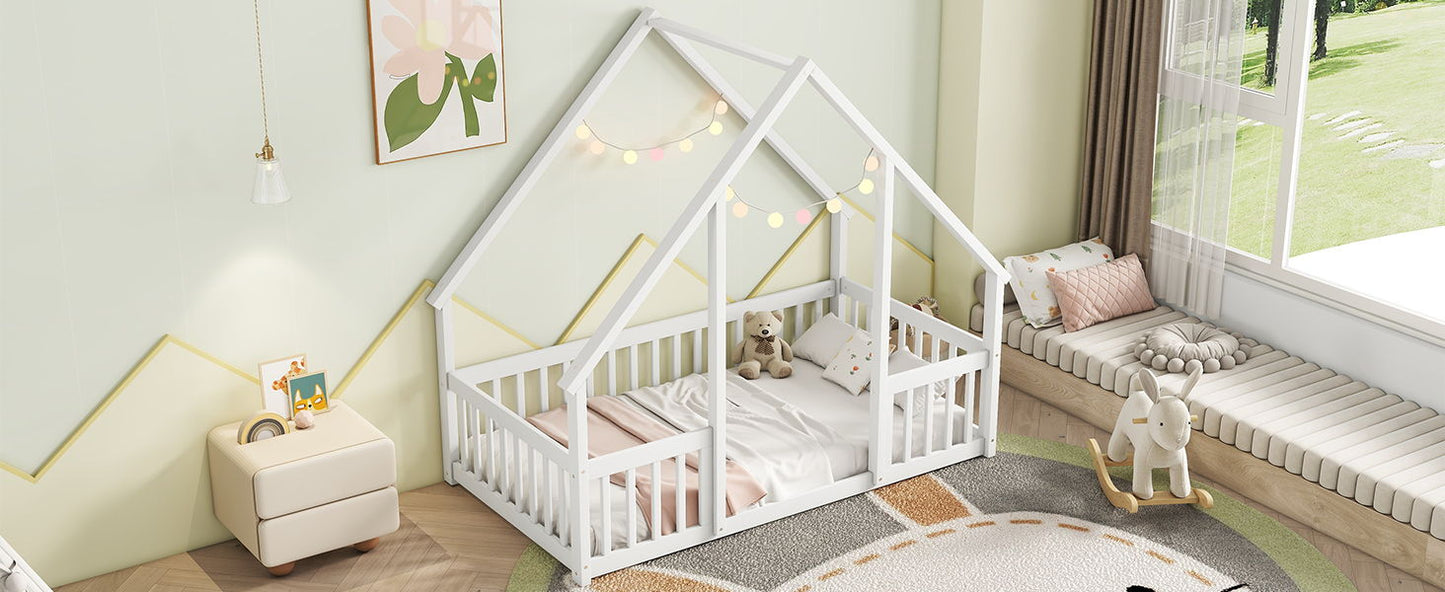 Wood House-Shaped Floor Bed With Fence, Guardrails - The Sleep Loft - Online Mattress Showroom NYC