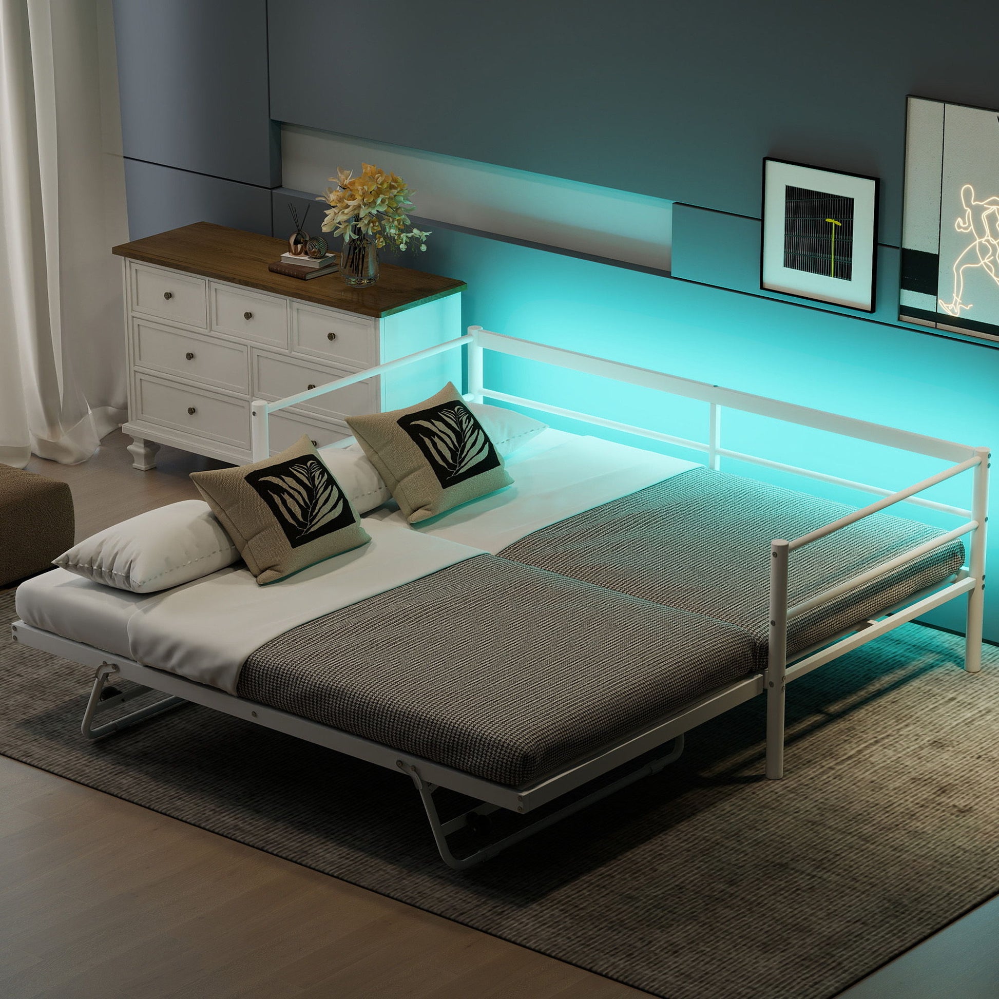 Industrial Metal Daybed With Adjustable Pop Up Trundle And LED Strip - The Sleep Loft - Online Mattress Showroom NYC