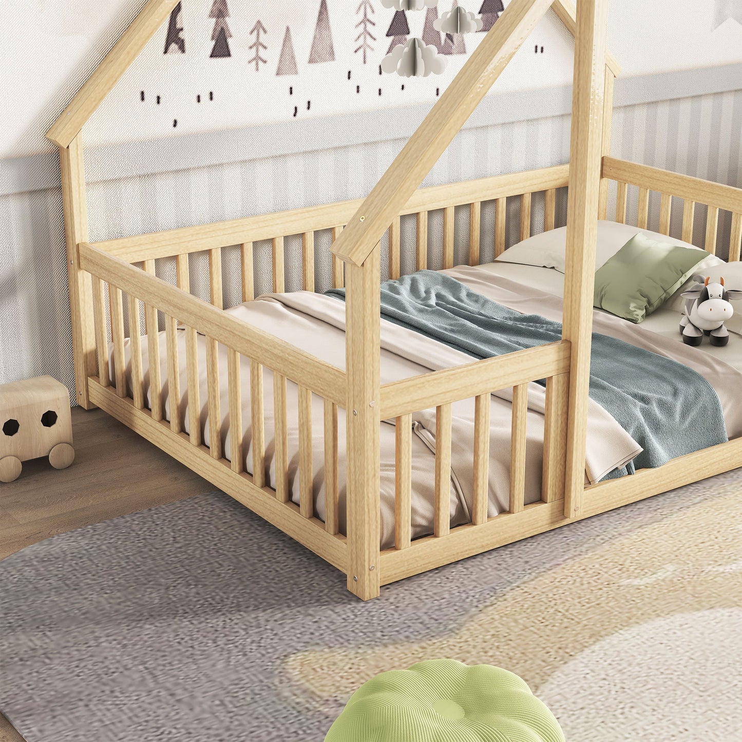 Wood House-Shaped Floor Bed With Fence, Guardrails - The Sleep Loft - Online Mattress Showroom NYC