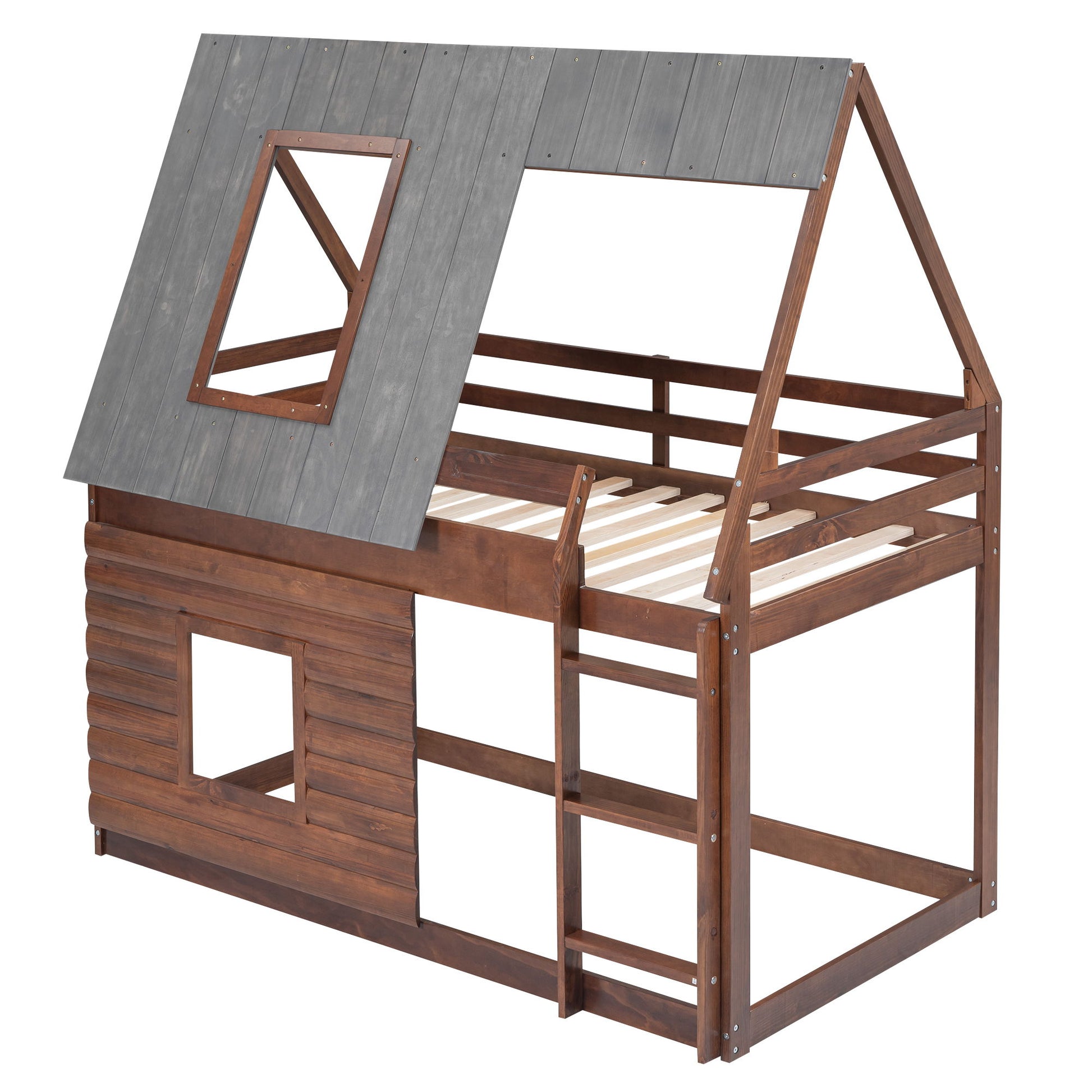 Wood Twin Size House Bunk Bed With Roof, Ladder And 2 Windows - Oak & Smoky Gray - The Sleep Loft - Online Mattress Showroom NYC