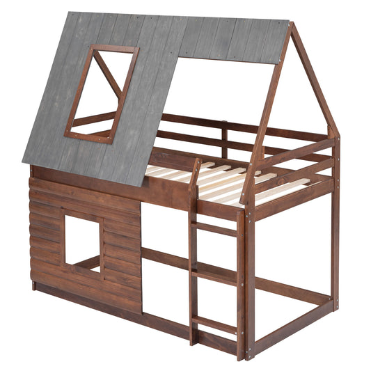 Wood Twin Size House Bunk Bed With Roof, Ladder And 2 Windows - Oak & Smoky Gray - The Sleep Loft - Online Mattress Showroom NYC