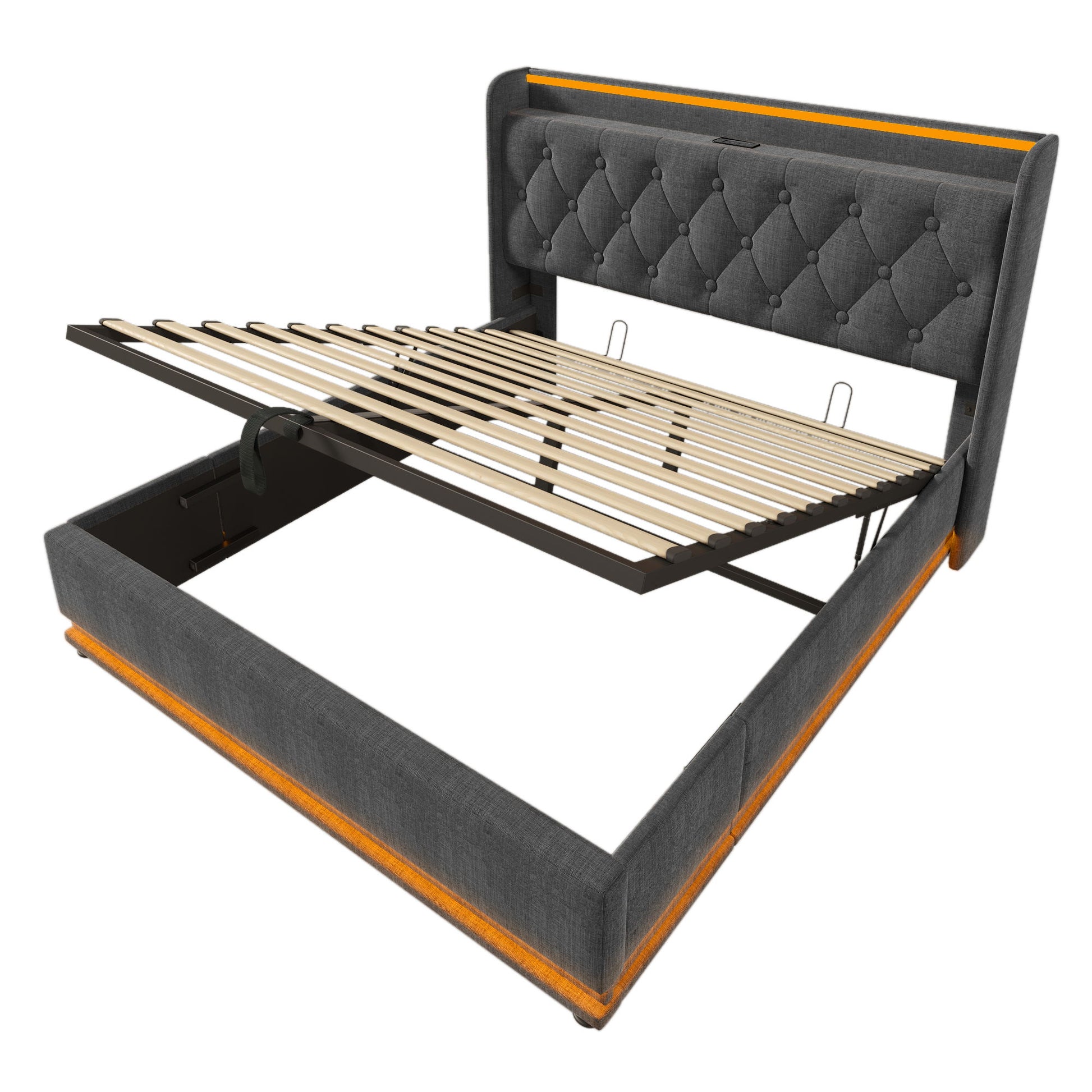 Upholstered Bed, 360 Surround LED Function, Remote Control, Hydraulic Storage Bed With USB, Type-C Charging (Without Mattress) - The Sleep Loft - Online Mattress Showroom NYC