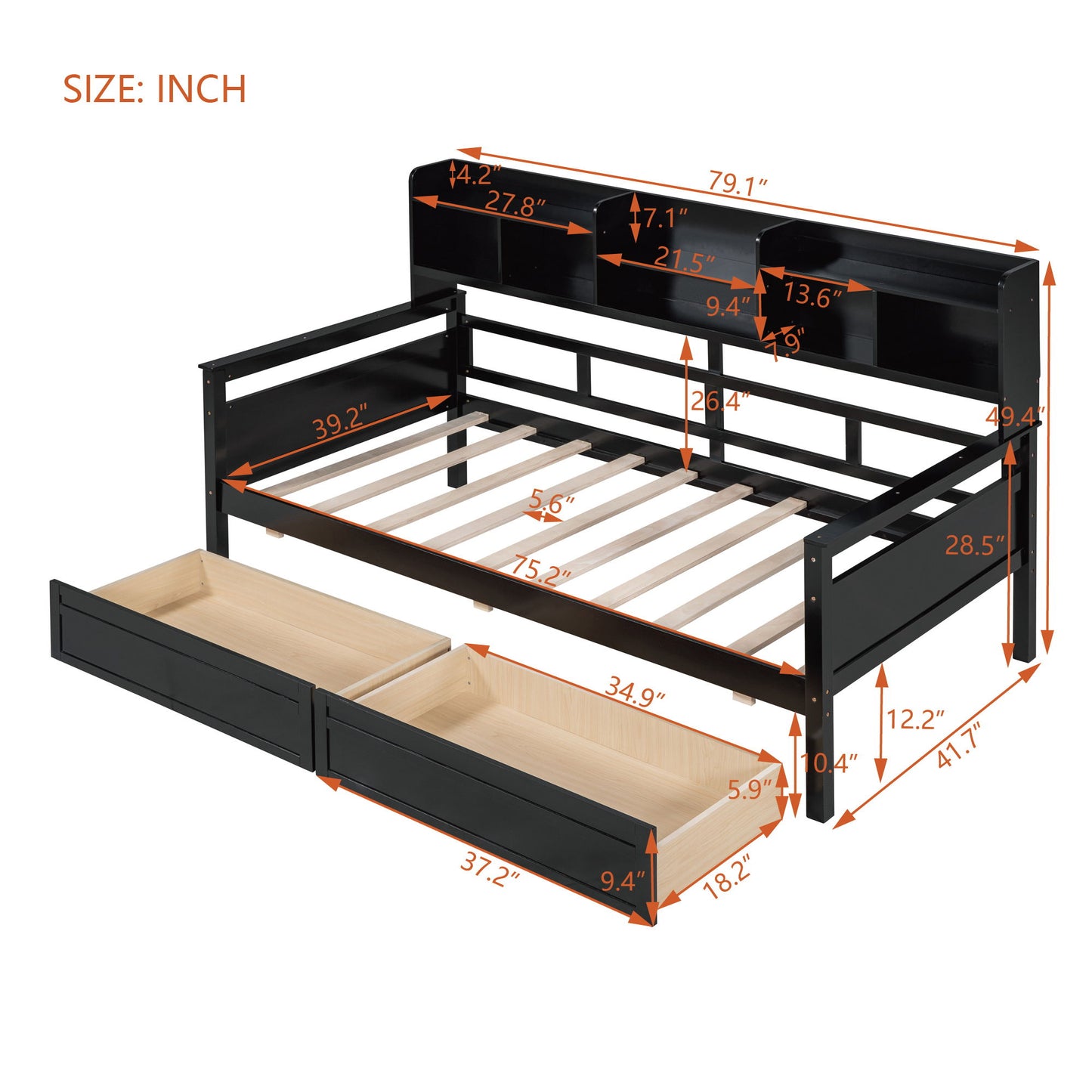 Daybed, Slat Support, With Bedside Shelves And 2 Drawers - The Sleep Loft - Online Mattress Showroom NYC
