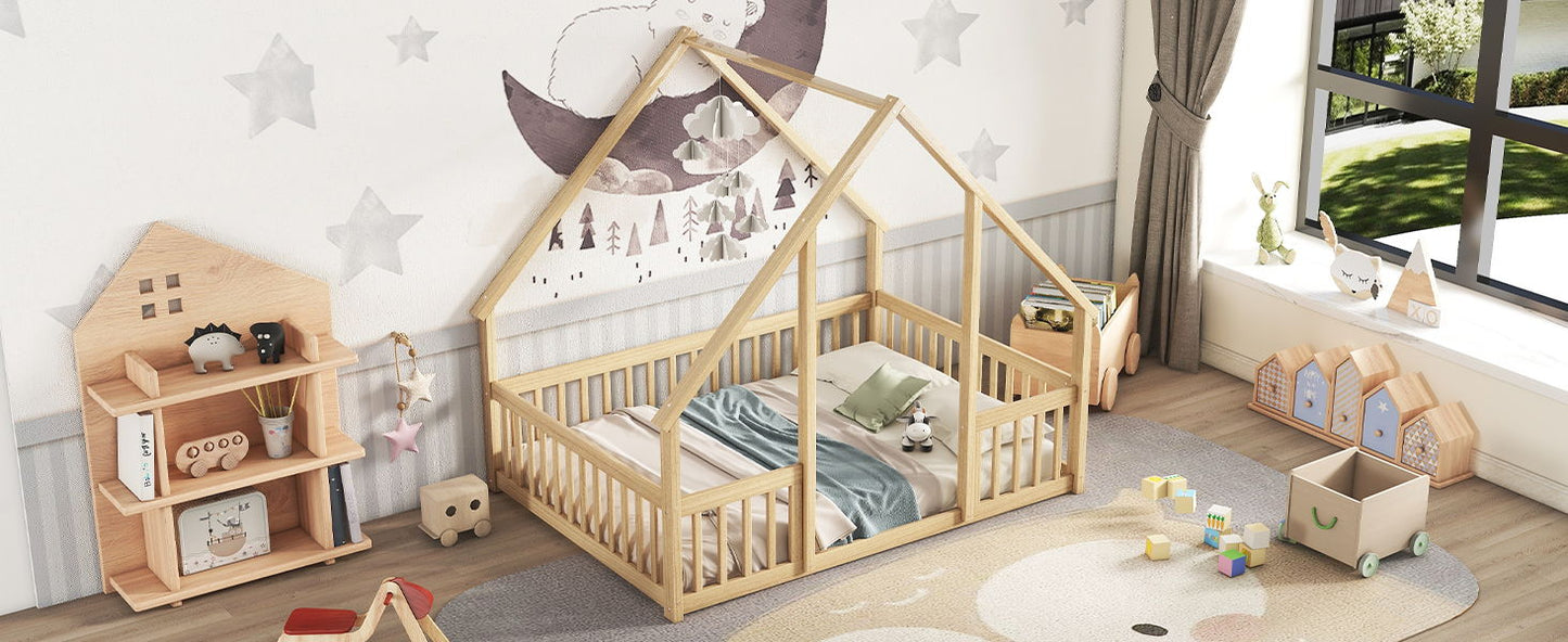 Wood House-Shaped Floor Bed With Fence, Guardrails - The Sleep Loft - Online Mattress Showroom NYC