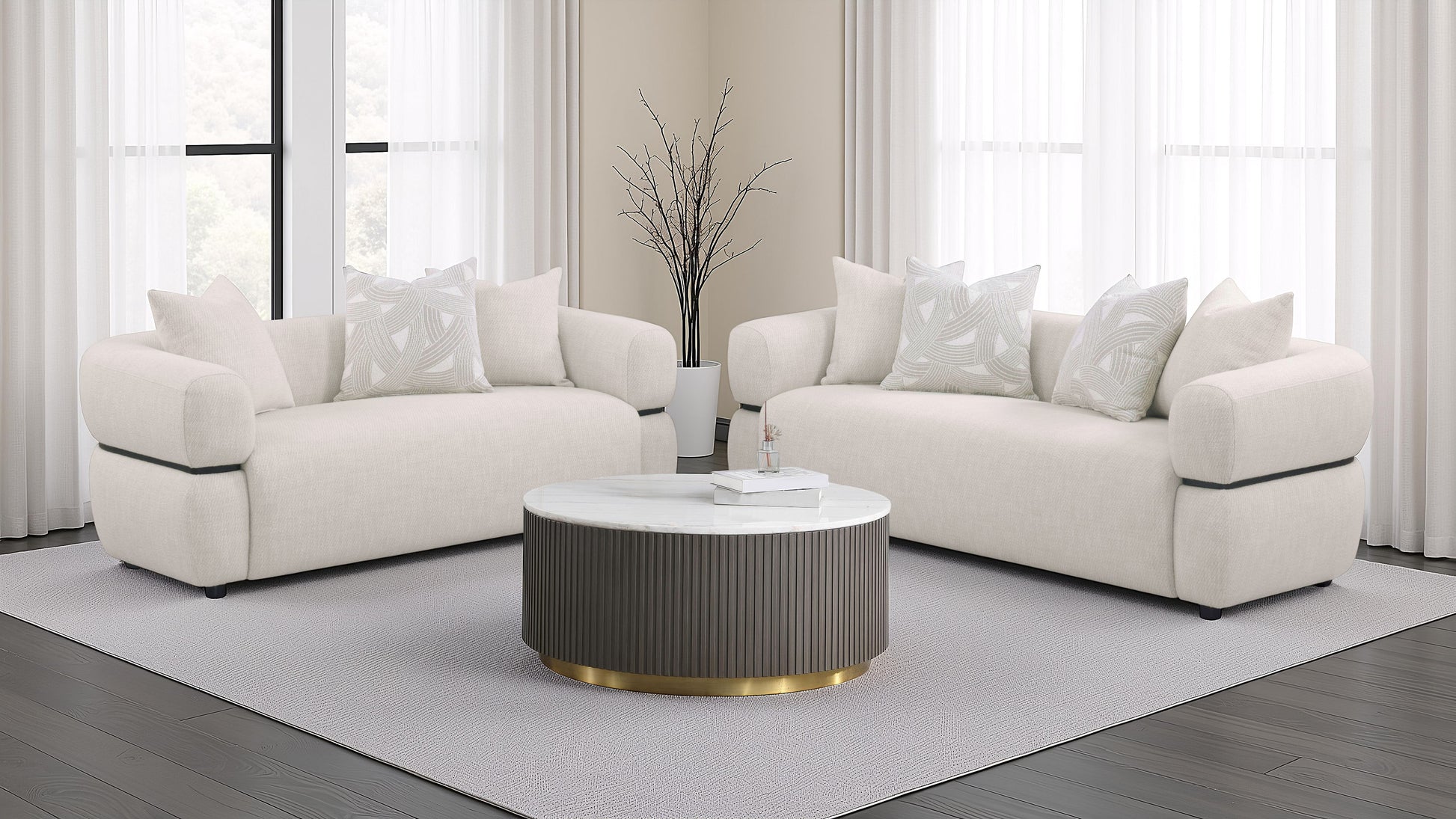 Jeanette 2-piece Fabric Upholstered Round Arm Sofa Set Beige