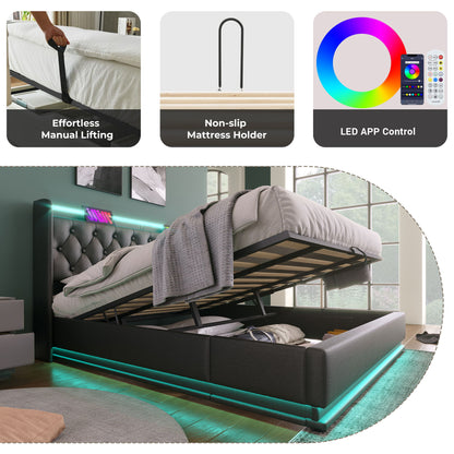 Upholstered Bed, 360 Surround LED Function, Remote Control, Hydraulic Storage Bed With USB, Type-C Charging (Without Mattress) - The Sleep Loft - Online Mattress Showroom NYC