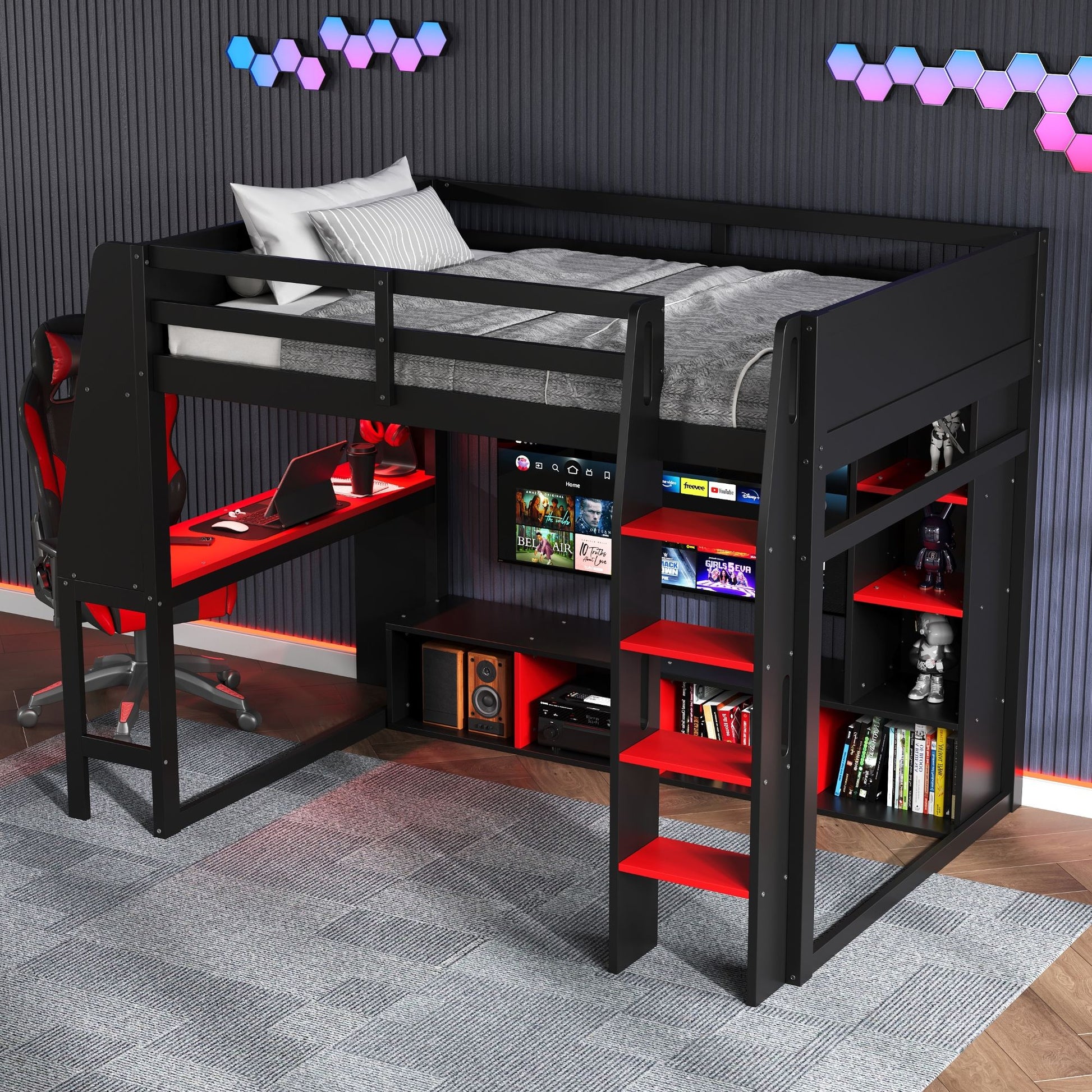 Gaming Loft Bed With Desk, Multi Storage Shelves, LED Lighting, And Hanging Clothes Rack - The Sleep Loft - Online Mattress Showroom NYC