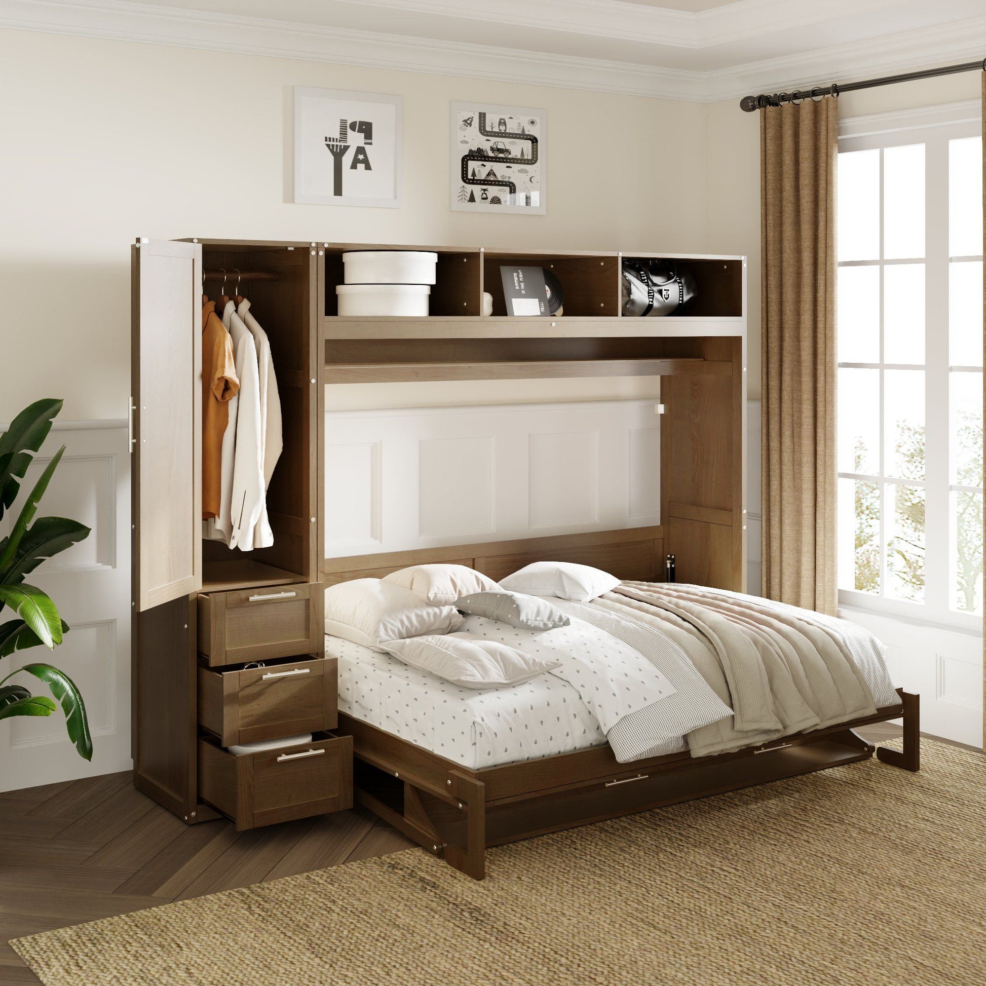 Full Size Murphy Bed With Wardrobe, Drawers, And Open Shelves - Wood - The Sleep Loft - Online Mattress Showroom NYC